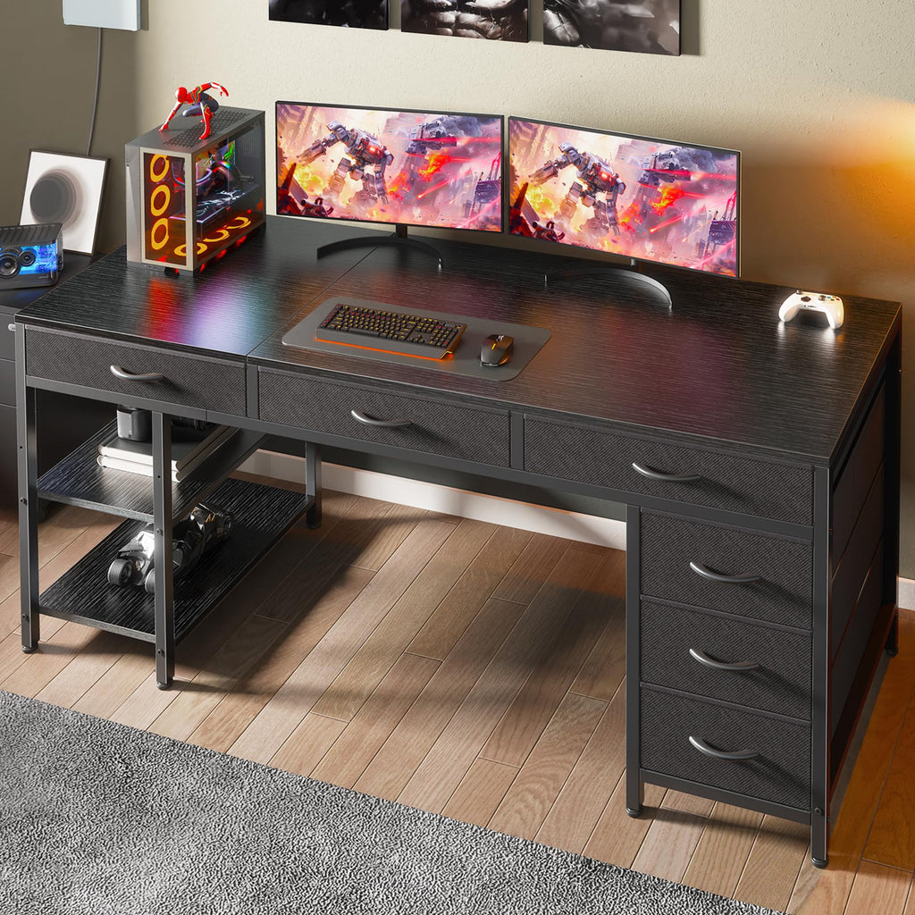 Computer Desk with 6 Drawers, Office Desk with Shelves, Reversible Gaming Desk, Corner Desk with Storage, Work for Home Office, Study, Living Room, 63inch, Black