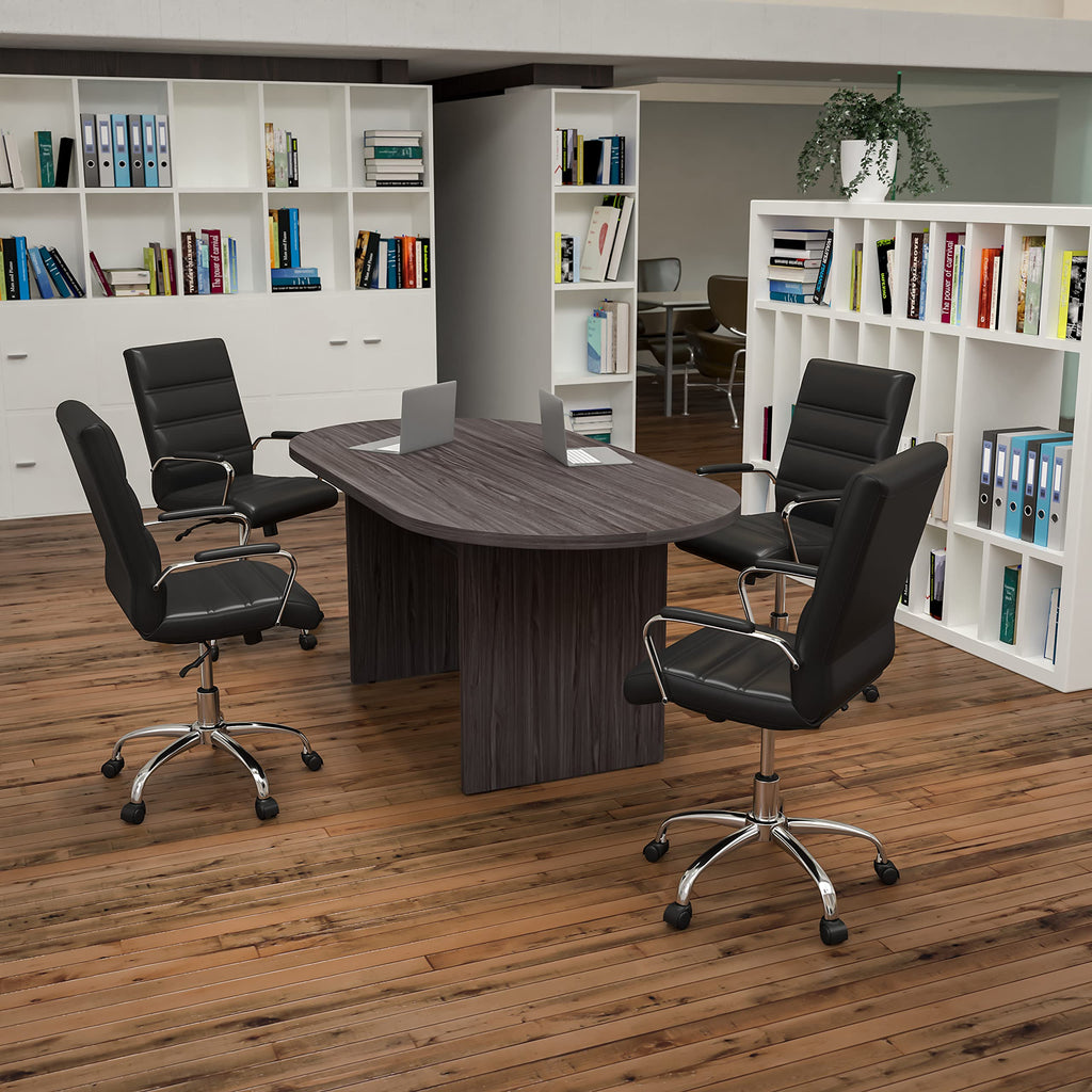 5 Piece Rustic Gray Oval Conference Table Set with 4 Black and Chrome LeatherSoft Executive Chairs