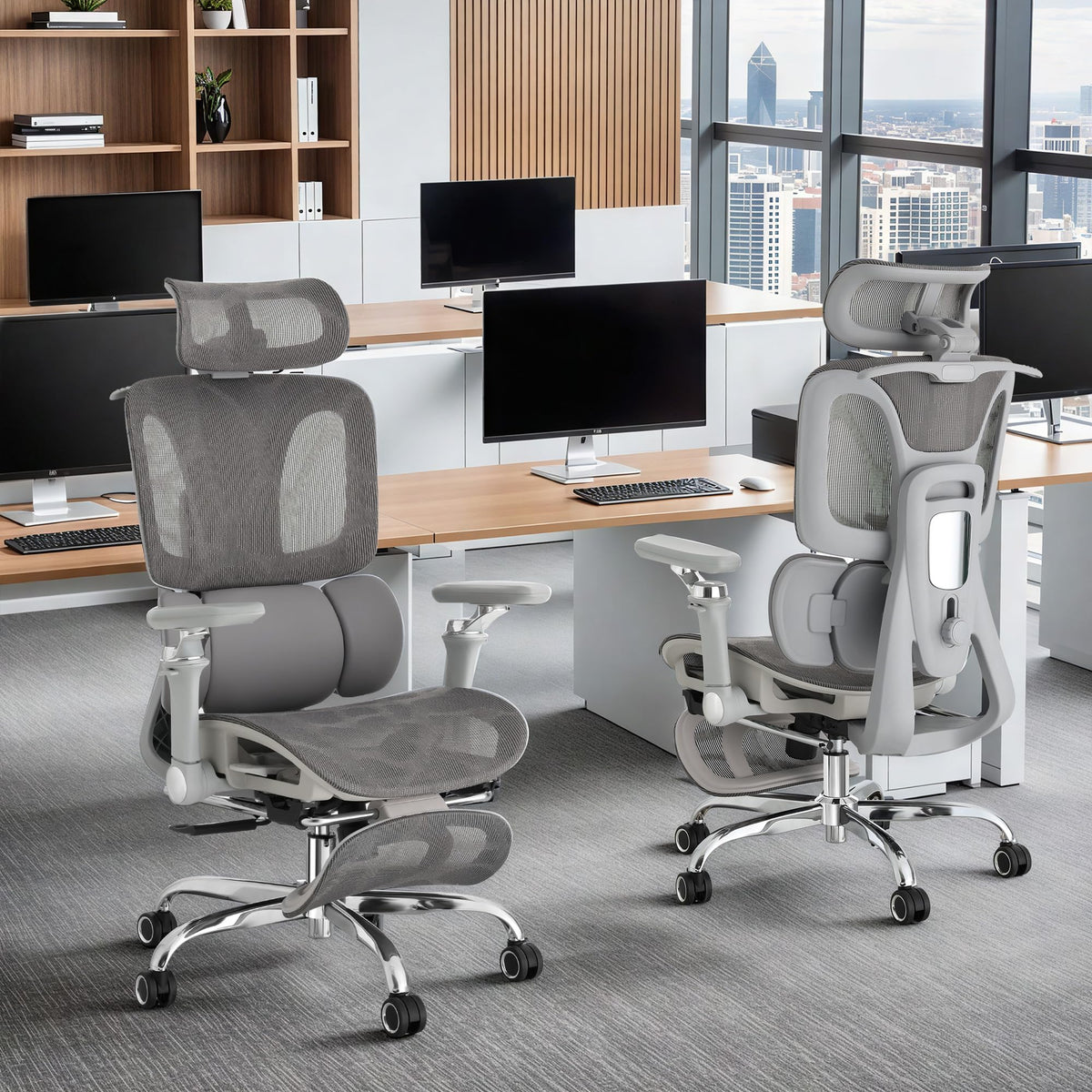 Ergonomic Mesh Office Chair with 3-Zone Dynamic Lumbar Support, Big and Tall Office Chair with Footrest, Adjustable Seat Depth,4D Headrest,6D Armrests, Swivel Executive Chair for Home Office,Grey