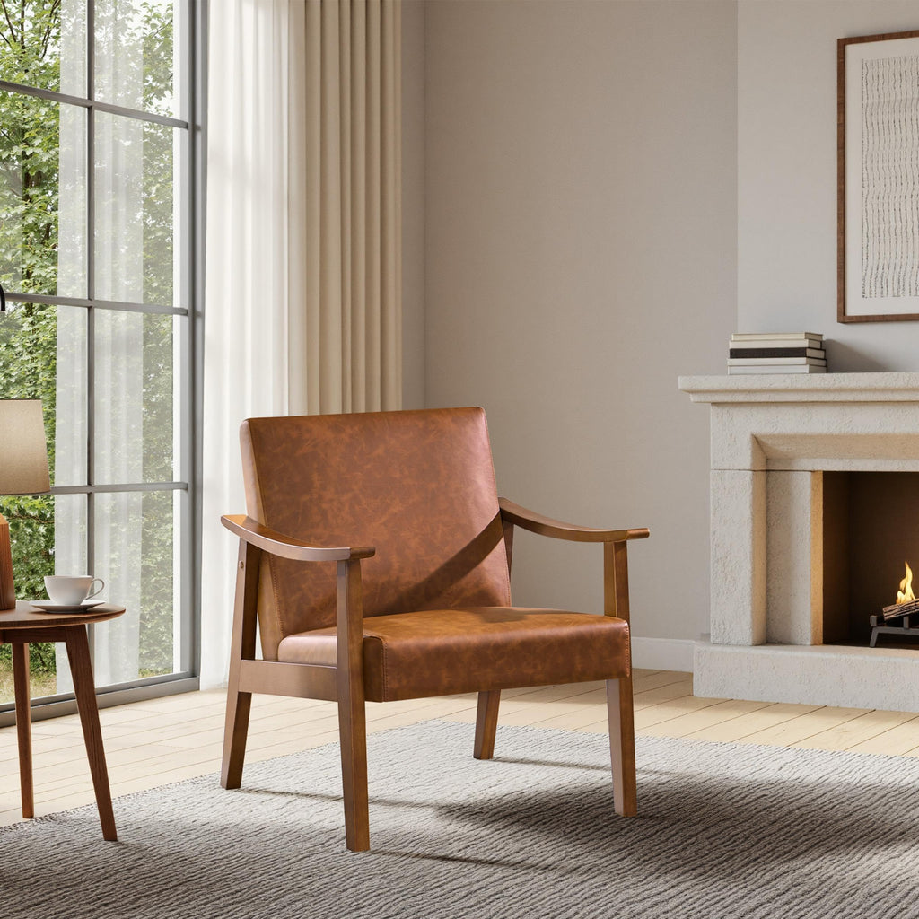 PU Leather Accent Chair, Mid-Century Modern Armchair with Solid Wood Legs, Reading Leisure Chair with High Back for Living Room Bedroom Waiting Room, Light Brown