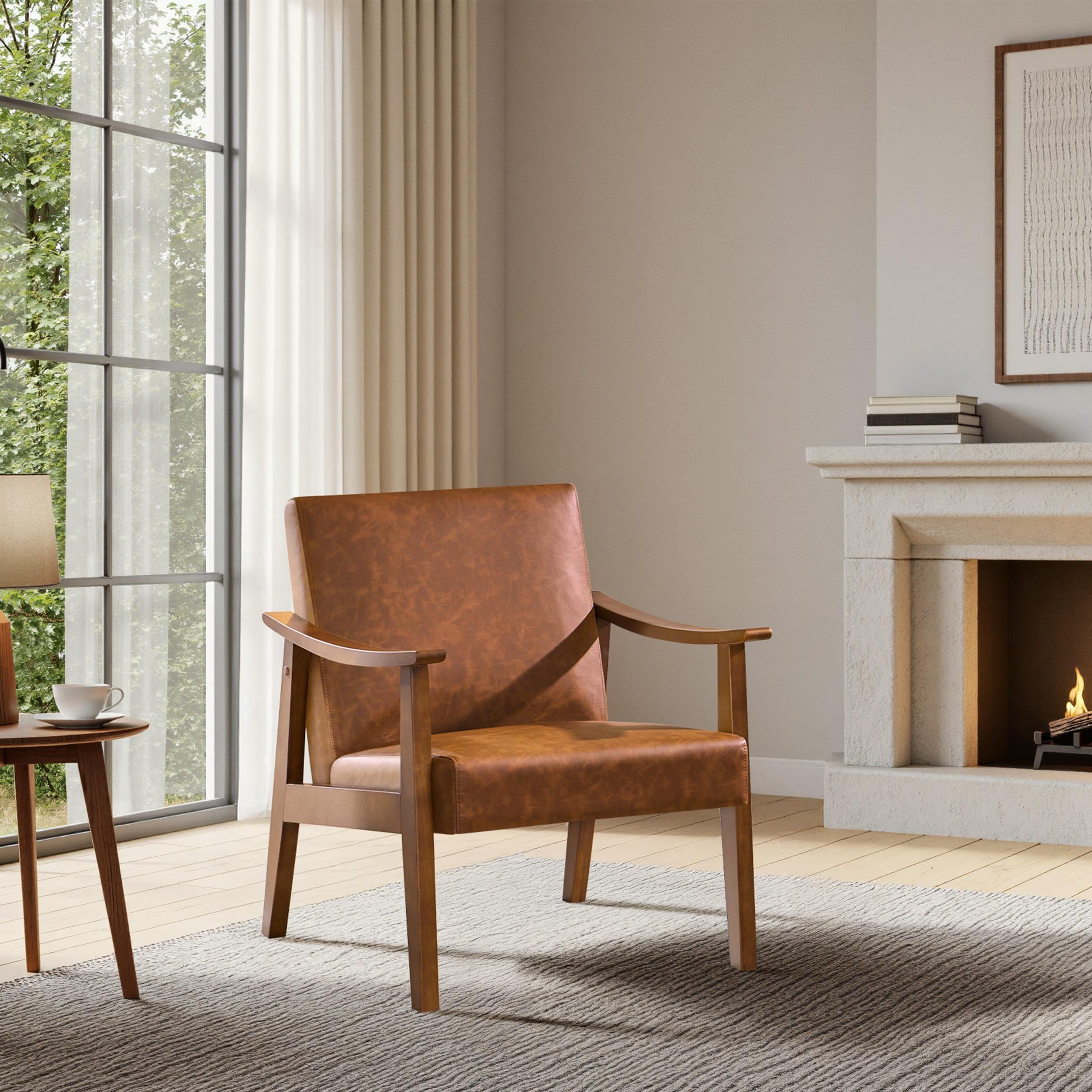 PU Leather Accent Chair, Mid-Century Modern Armchair with Solid Wood Legs, Reading Leisure Chair with High Back for Living Room Bedroom Waiting Room, Light Brown