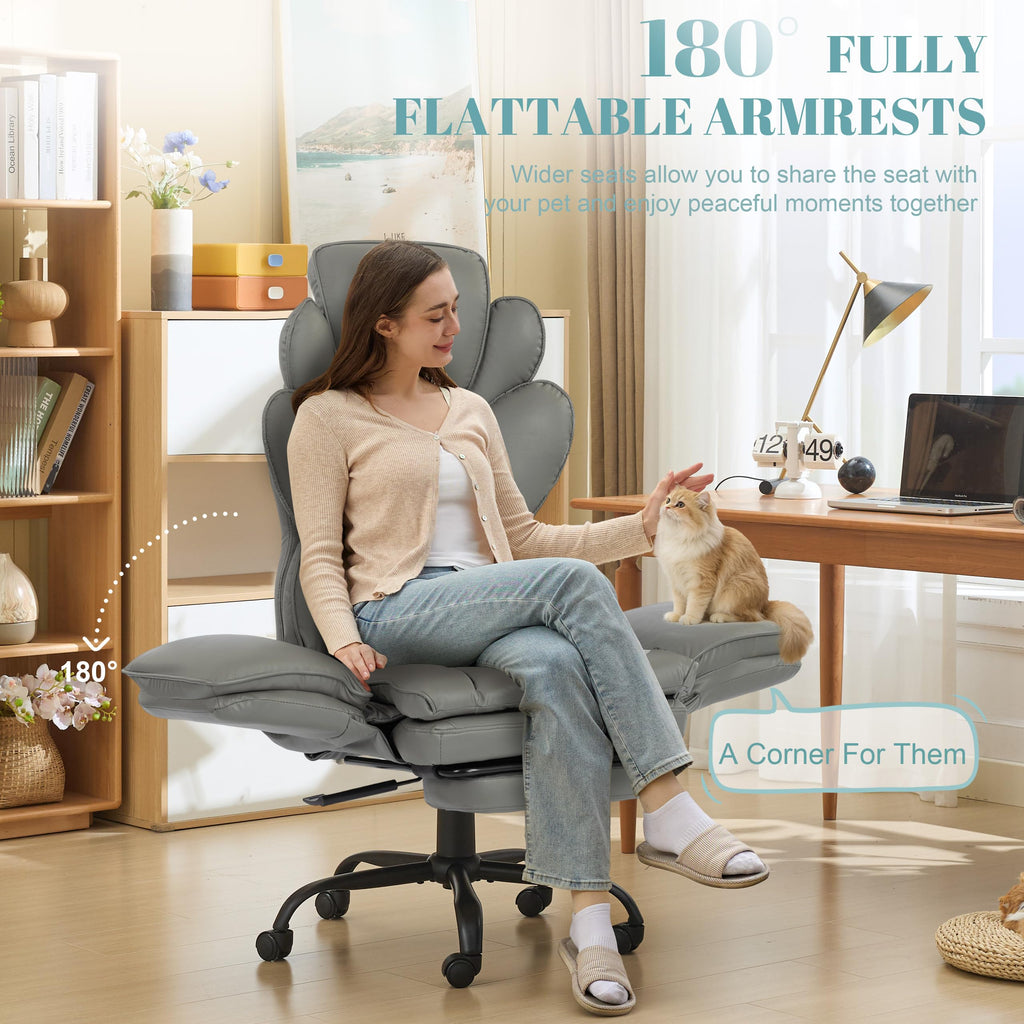 Flip Armrests Criss Cross Office Chair, Reclining Office Chair with Foot Rest, Adjustable Headrest, Massage Waist Pillow, Cross Legged Big and Tall Desk Chair Wide Seat Vanity Chair, PU Leather Grey
