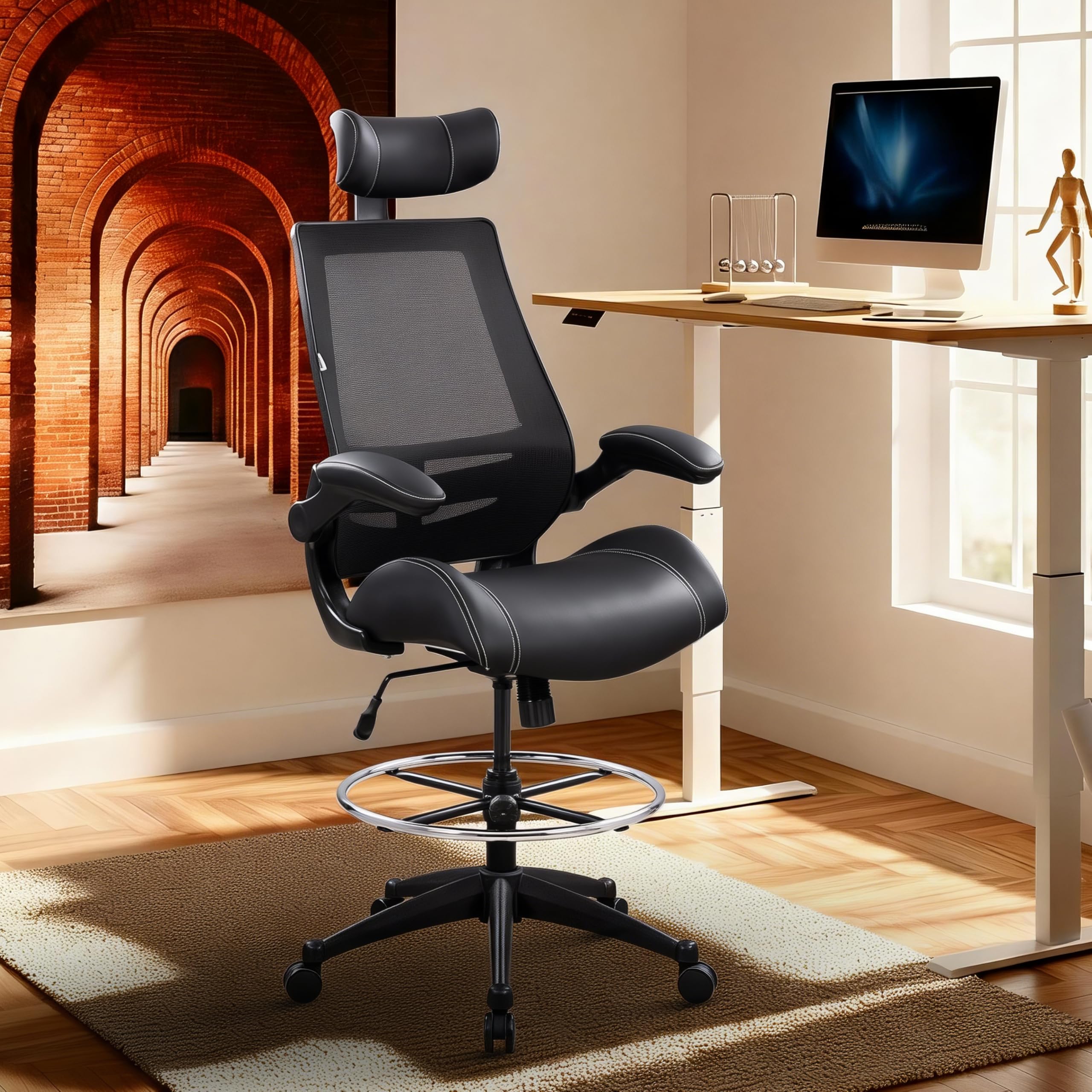 Tall Ergonomic Office Chair, Sustainable Tech-Leather Drafting Chair with Adjustable Foot Ring, 90° Flip-Up Arms Space Saving Mesh Computer Desk Chair for Standing Desk Executive Work 8+ Hours