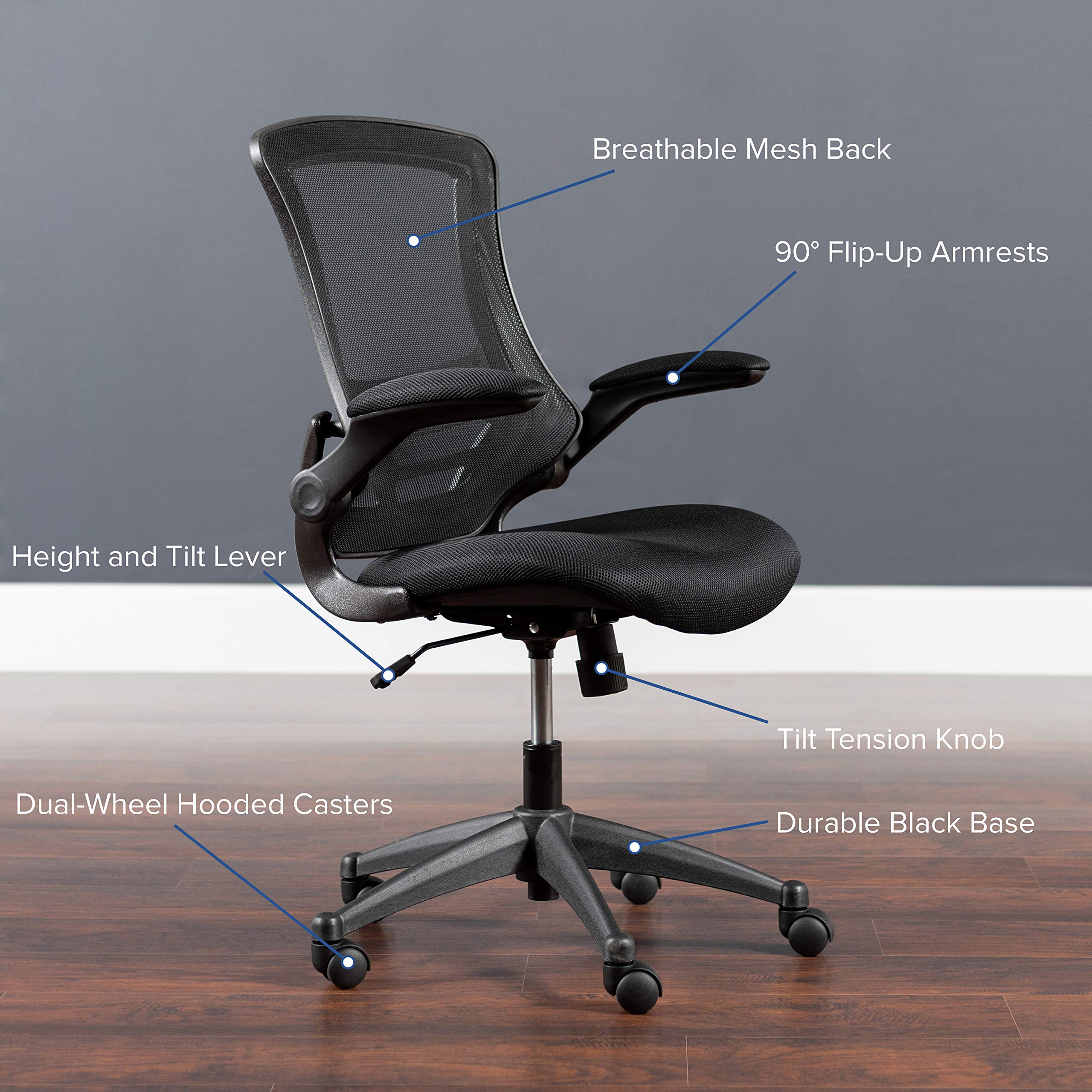 Set of 5, Mid-Back Black Mesh Swivel Ergonomic Task Office Chair with Flip-Up Arms
