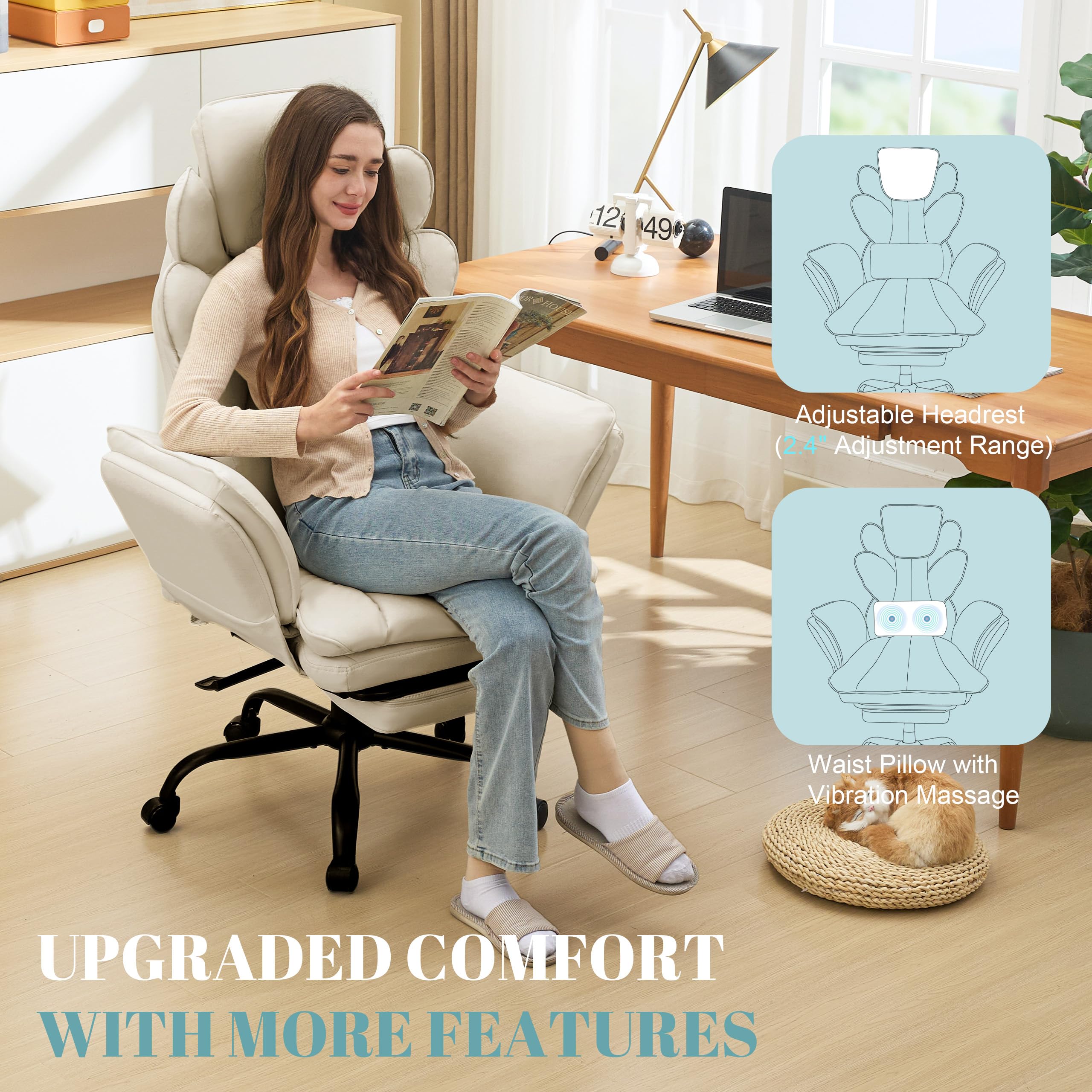 Flip Armrests Criss Cross Office Chair, Reclining Office Chair with Foot Rest, Adjustable Headrest, Massage Waist Pillow, Cross Legged Big and Tall Desk Chair Wide Seat Vanity Chair, PU Leather Beige