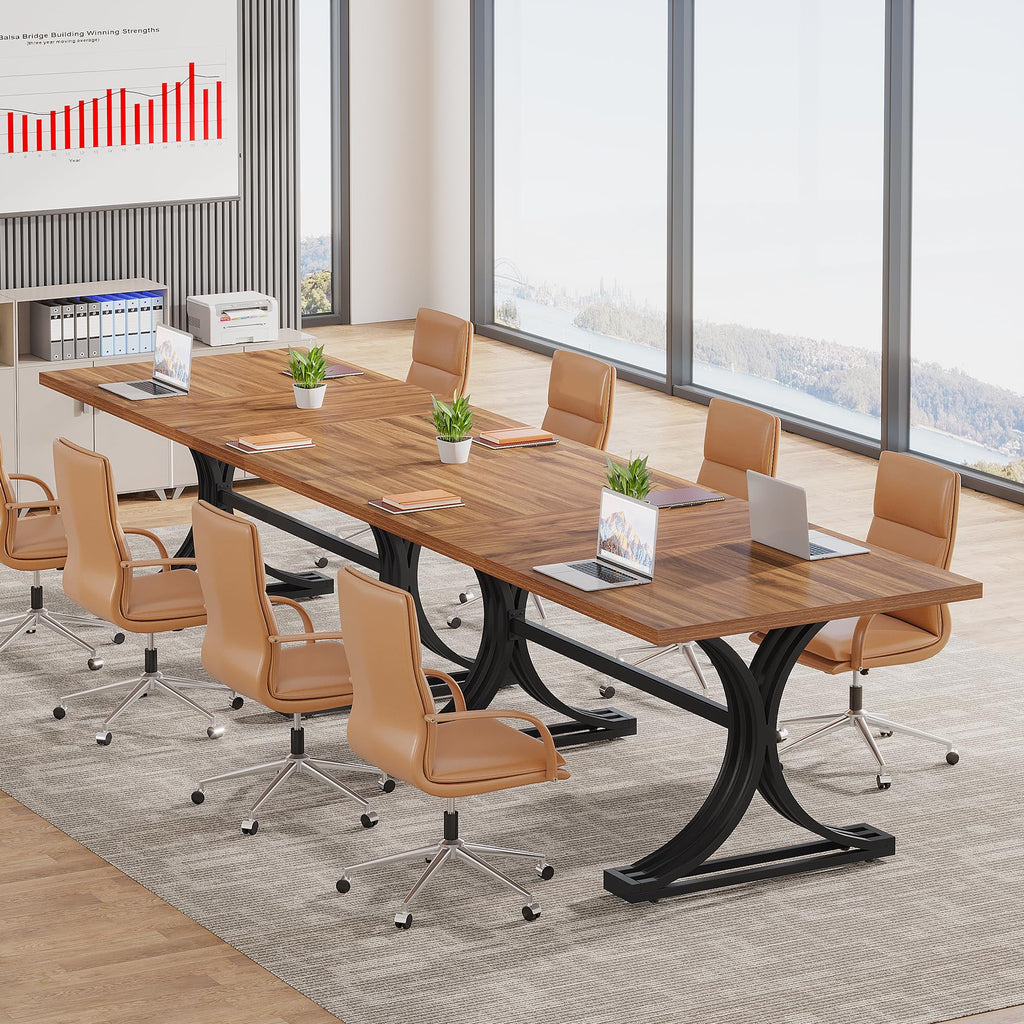 10.5FT Conference Table, Modern Meeting Table for 8-10 People, Rectangle Seminar Boardroom Table for Office Conference Room with Stylish Legs (4, Rustic Brown and Black)