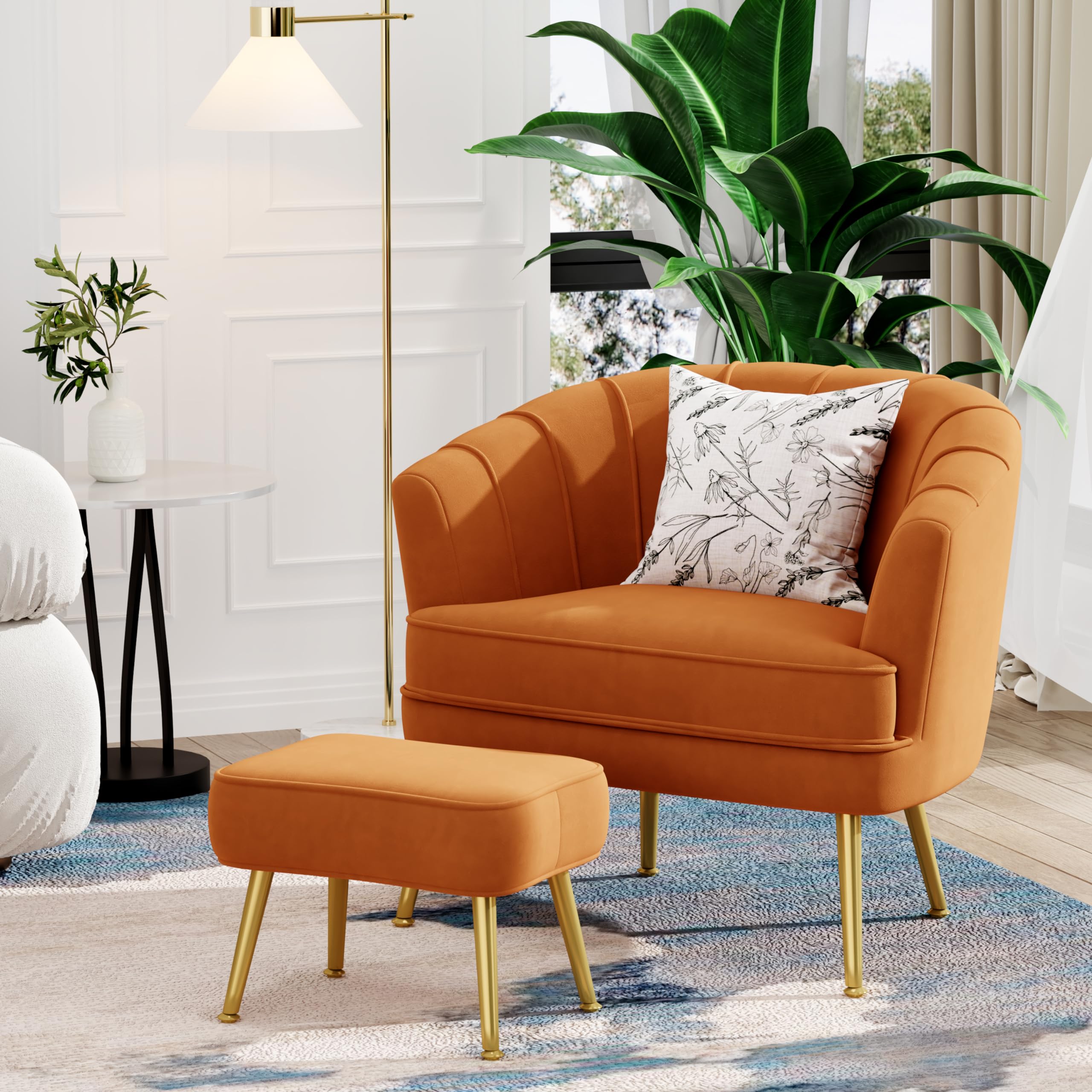 Velvet Accent Chair with Ottoman,Upholstered Modern Single Sofa Side Chair,Comfy Barrel Club Living Room Armchair with Golden Metal Legs for Office Bedroom Living Reading Room ,Caramel Orange