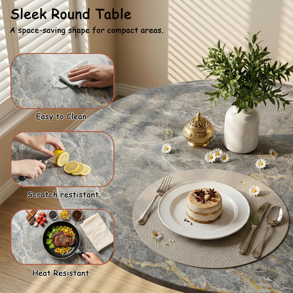 27.6" Marble Round Tulip Table, Mid-Century Modern Style Dining Table with Gold Pedestal Base for 2-4 People, Featuring A Marble Tabletop for Kitchen, Dining Room, Cafe (Dark Grey)