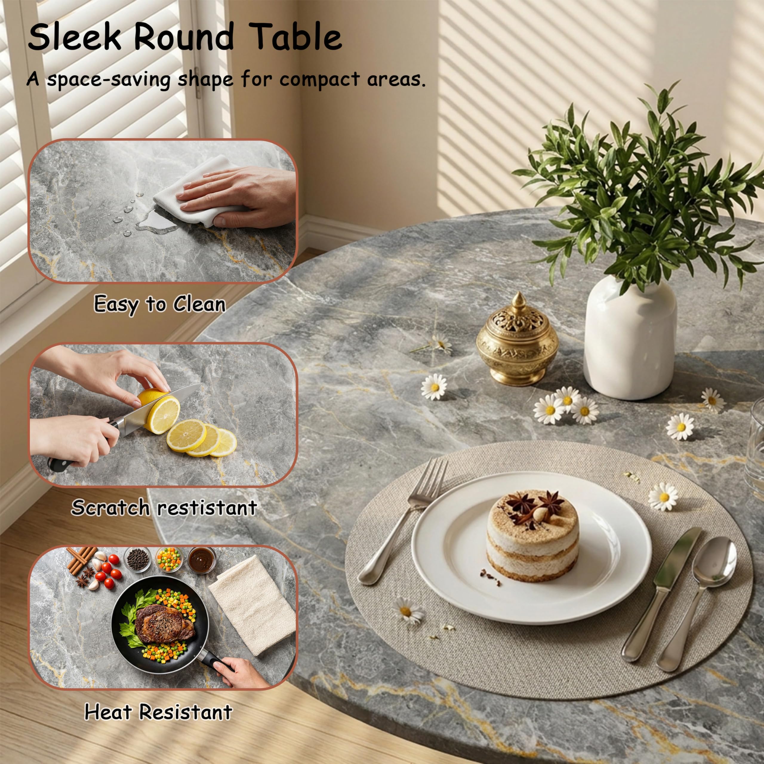 Sybrioka 27.6" Marble Round Tulip Table, Mid-Century Modern Style Dining Table with White Pedestal Base for 2-4 People, Featuring A Marble Tabletop for Kitchen, Dining Room, Cafe (Dark Grey)