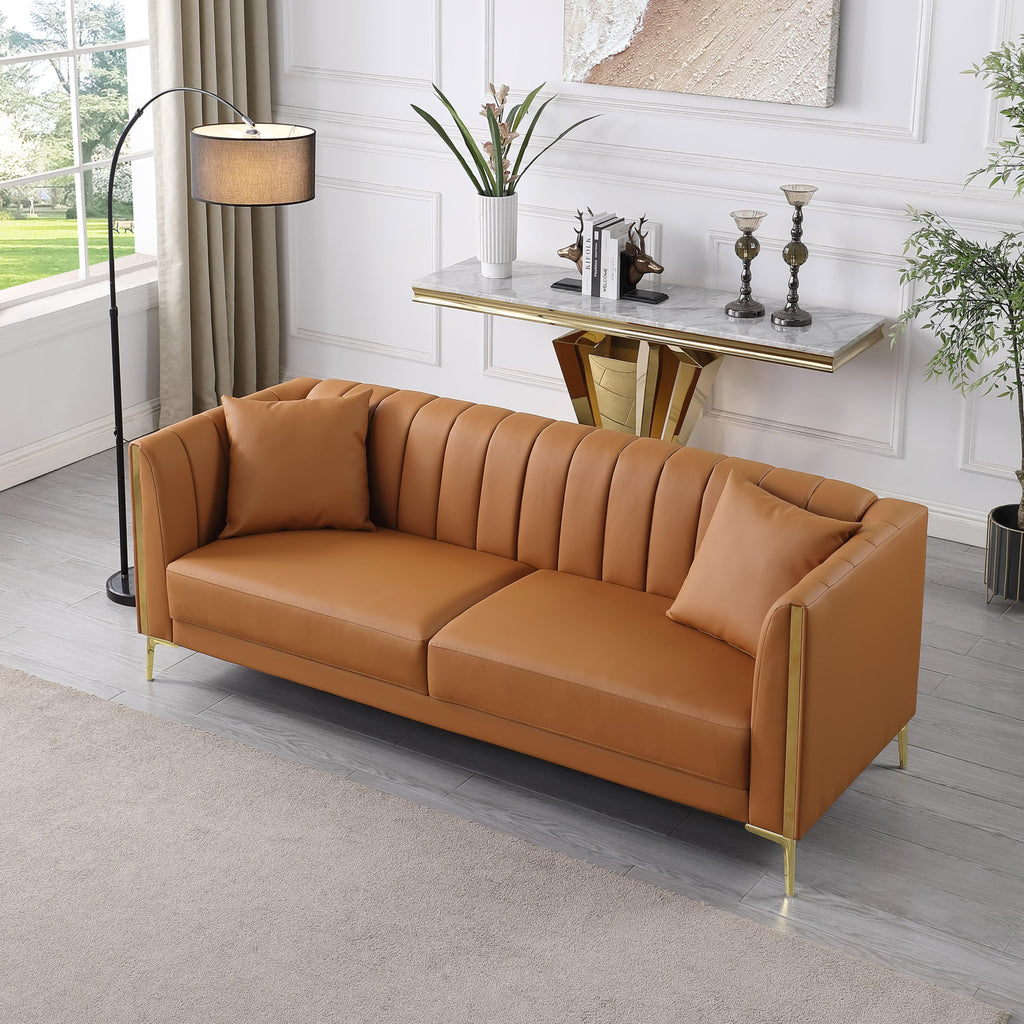 Leather Couch Sofa, Office Couches 78'' Apartment Faux Leather Sofa with 2 Throw Pillows & Gold Metal Legs, Waterproof 3 Seater Couches for Small Living Room, Affordable Luxury Design