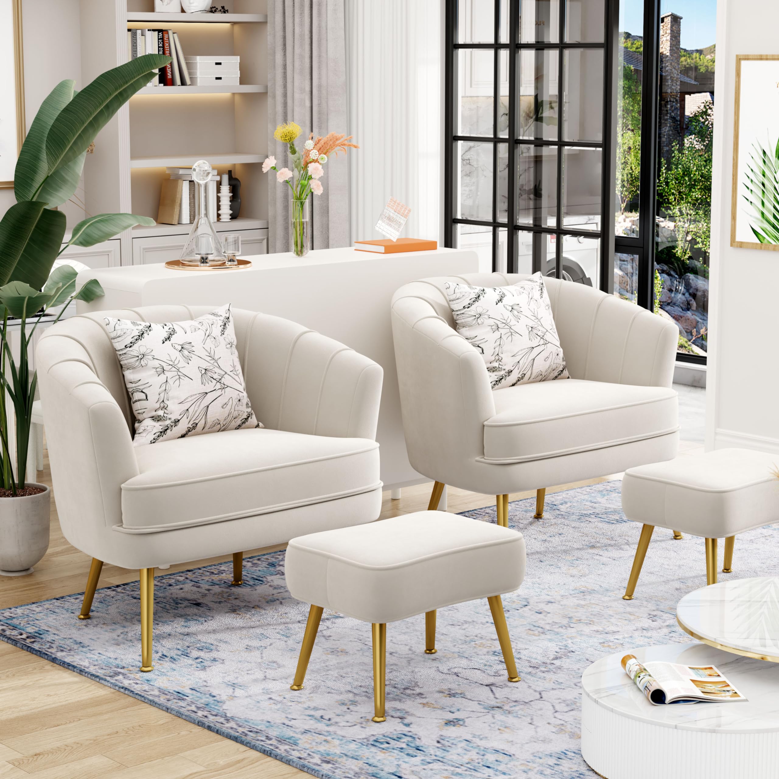 Velvet Accent Chair with Ottoman, Upholstered Modern Single Sofa Side Chair,Comfy Barrel Club Living Room Armchair with Golden Metal Legs for Office Bedroom Living Reading Room , Beige