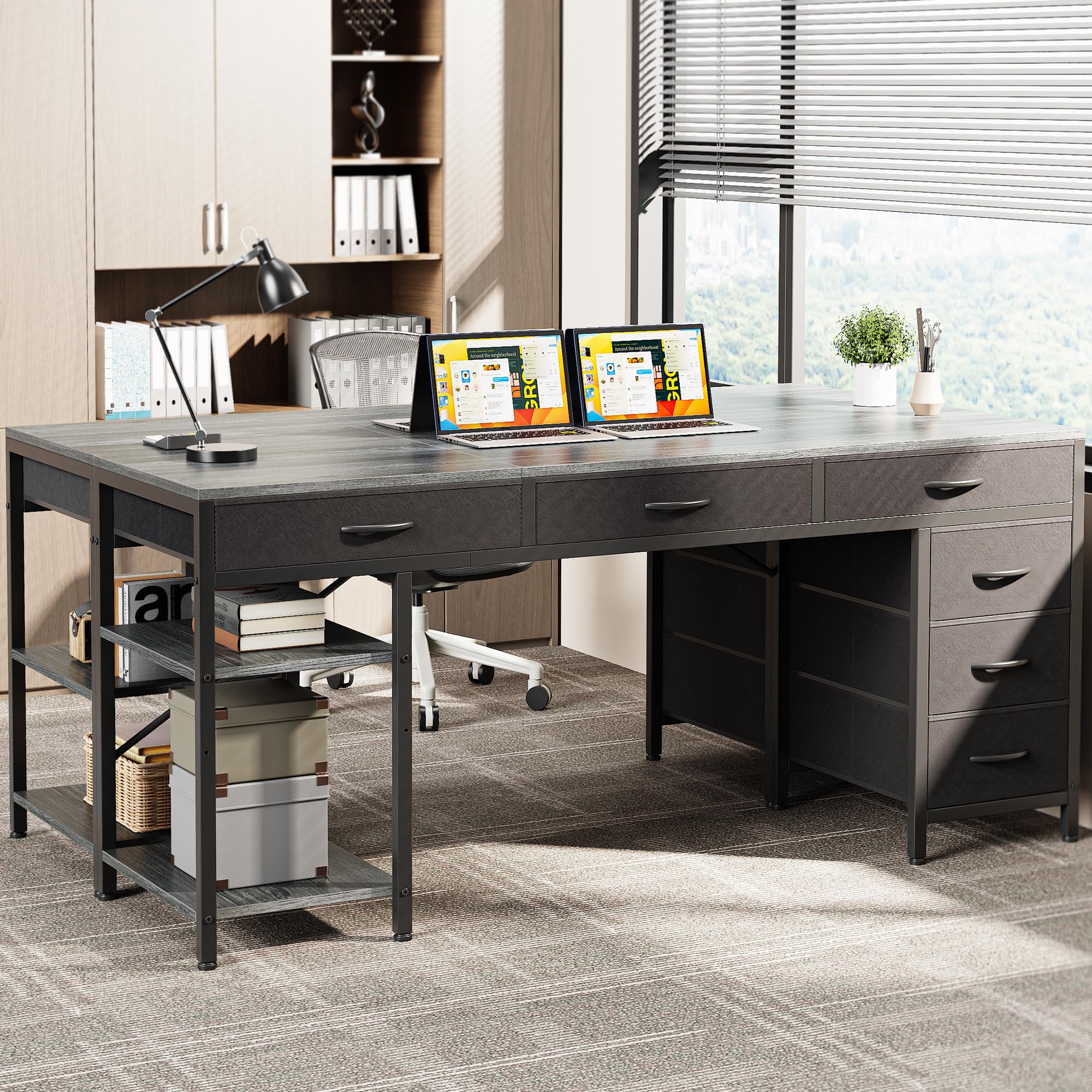 Computer Desk with 6 Drawers, Office Desk with Shelves, Reversible Gaming Desk, Corner Desk with Storage, Work for Home Office, Study, Living Room, 63inch, Grey