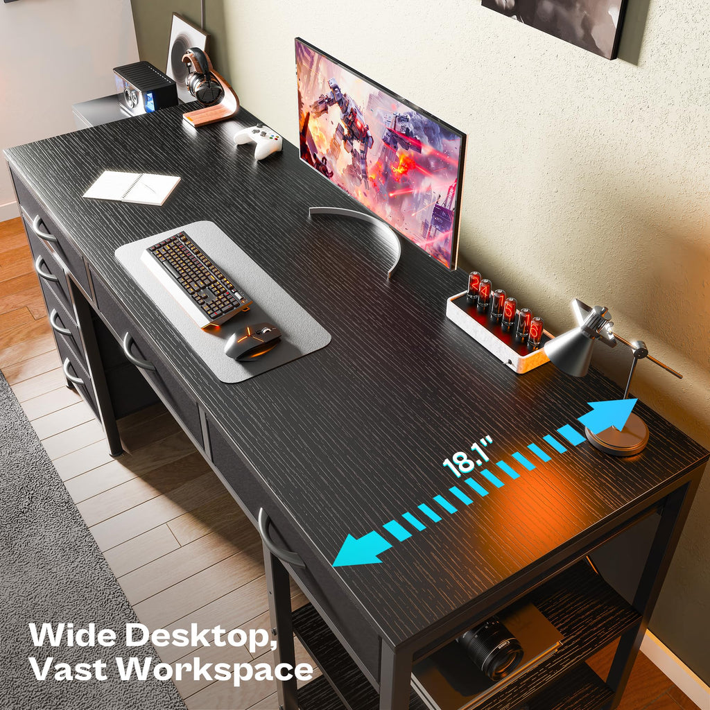 Computer Desk with 6 Drawers, Office Desk with Shelves, Reversible Gaming Desk, Corner Desk with Storage, Work for Home Office, Study, Living Room, 54inch, Black