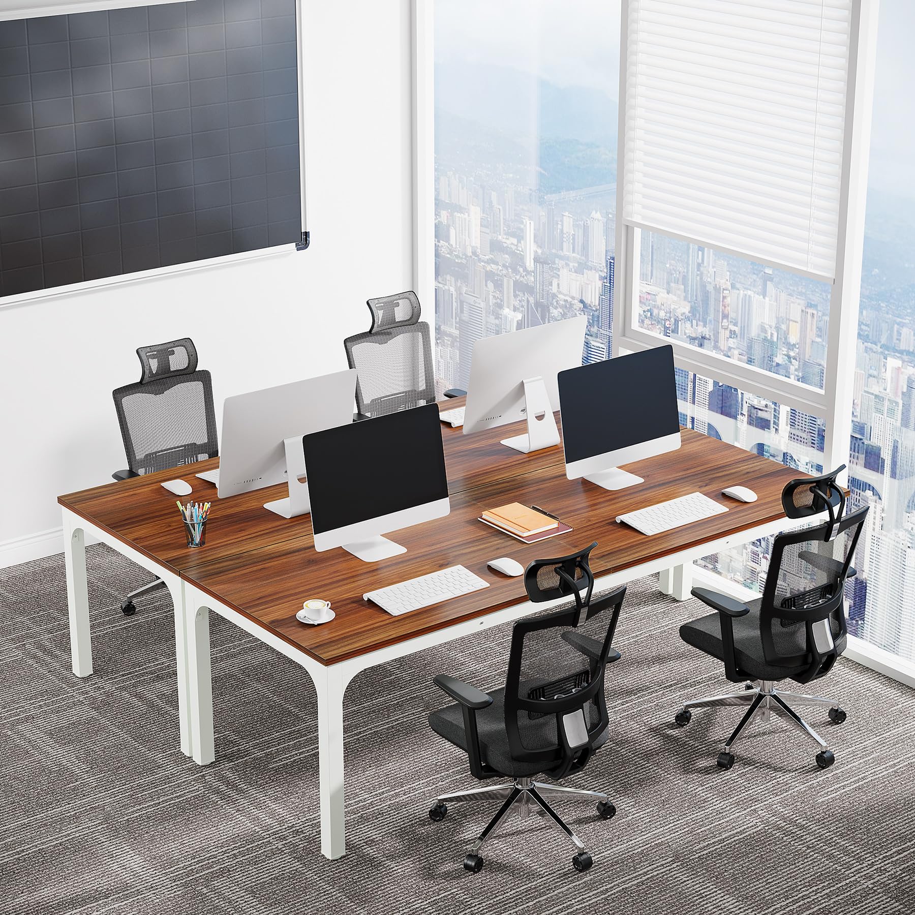 6.5 FT Conference Room Table, 78.74" W x 27.56" D Large Office Conference Table, Modern Seminar Meeting Table Desk for Boardroom, Meeting Room (6, Brown and White)
