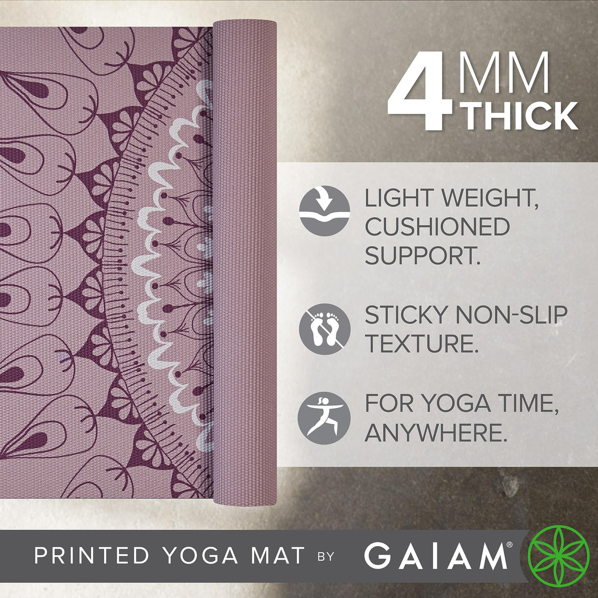 Yoga Mat Classic Print, 4mm Non-Slip Mat (Here & Now Dusy Rose)