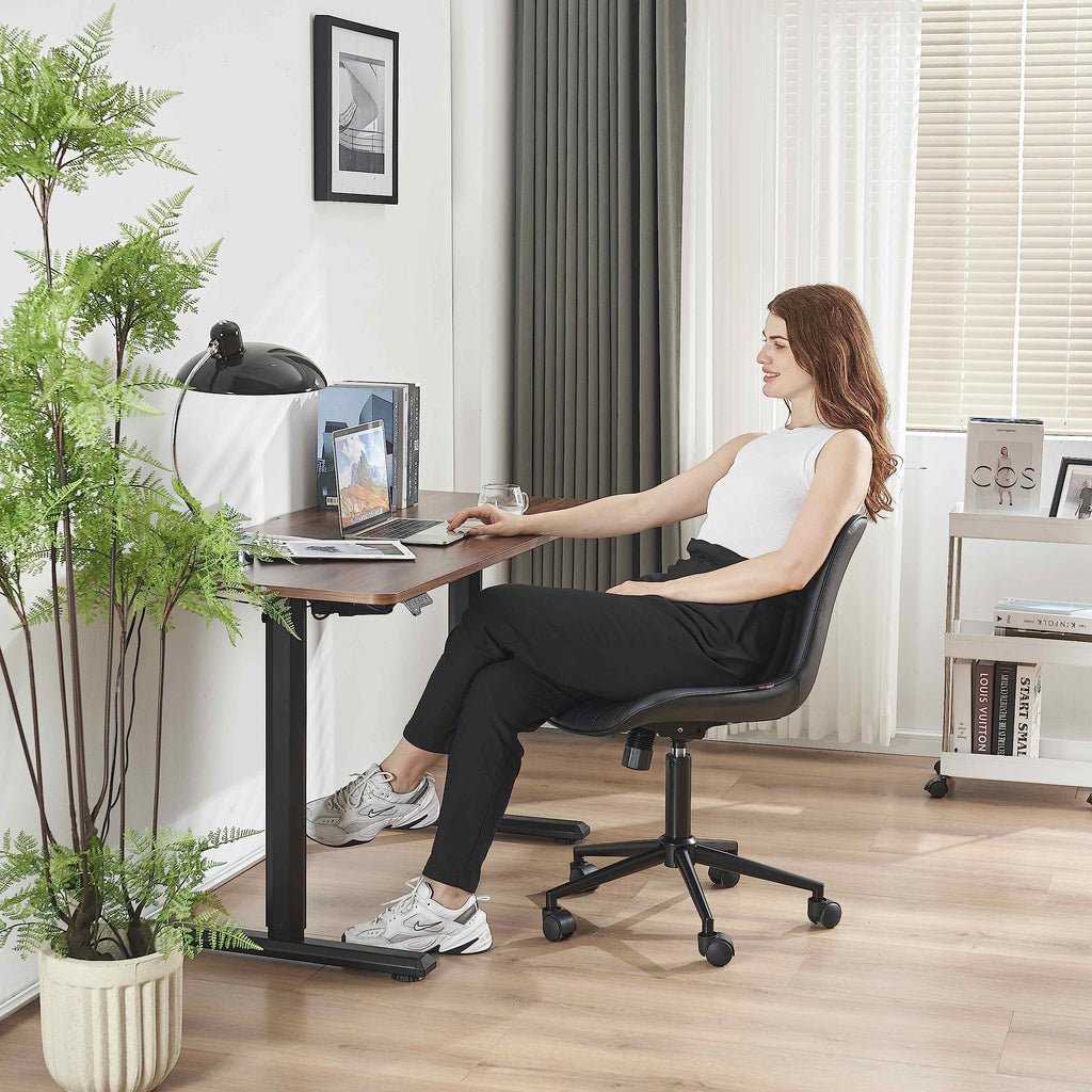Black Office Desk Chair with Wheels Comfy Armless Small Vanity Chair with Adjustable Rocking Back Modern Leather Upholstered Rolling Task Computer Chair Swivel Drafting Chair Compact