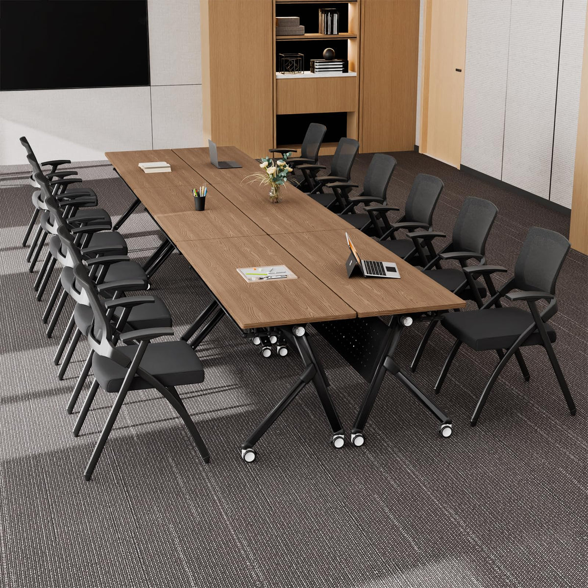 Conference Room Tables White,Folding Rectangular Flip Top Conference Table with Wheels for Large Meeting Seminar Home Office Classr (2, Walnut Black, 61in)
