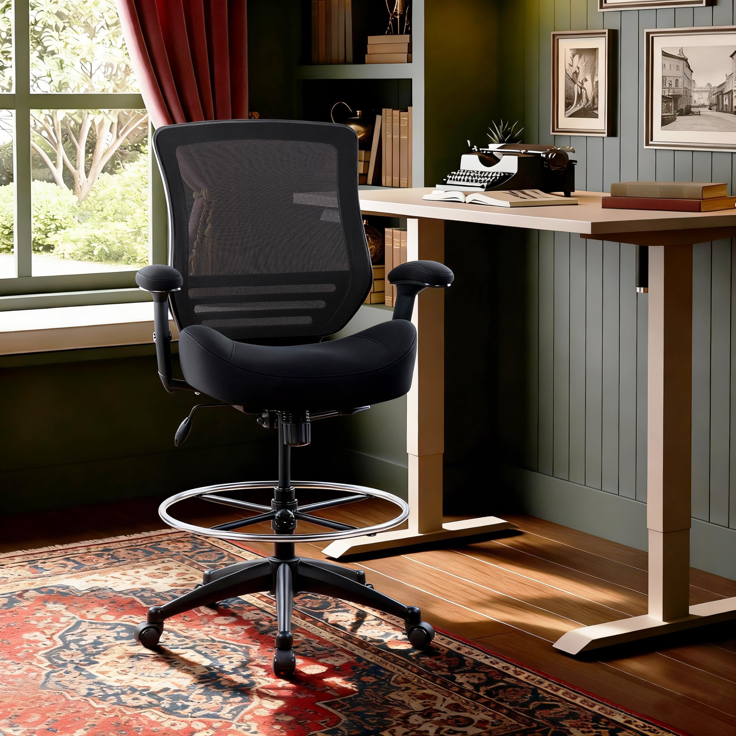 400lbs Mid Back Mesh Ergonomic Drafting Chair for Standing Desk Office Wide Chair Built-in Lumbar Support Big Adjustable Foot Ring Height Adjustable Armrest (Black)