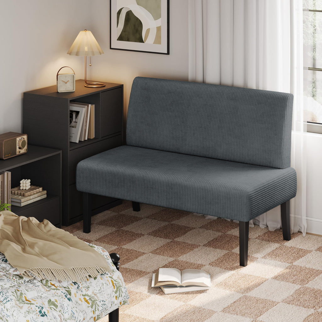 Small Comfy Sofa Mini Loveseat Couch 2-Seater Armless Sofa Chair, Corduroy Fabric & Easy Assembly, for Small Spaces Living Room,Bedroom,Dorm,Office, Dark Grey
