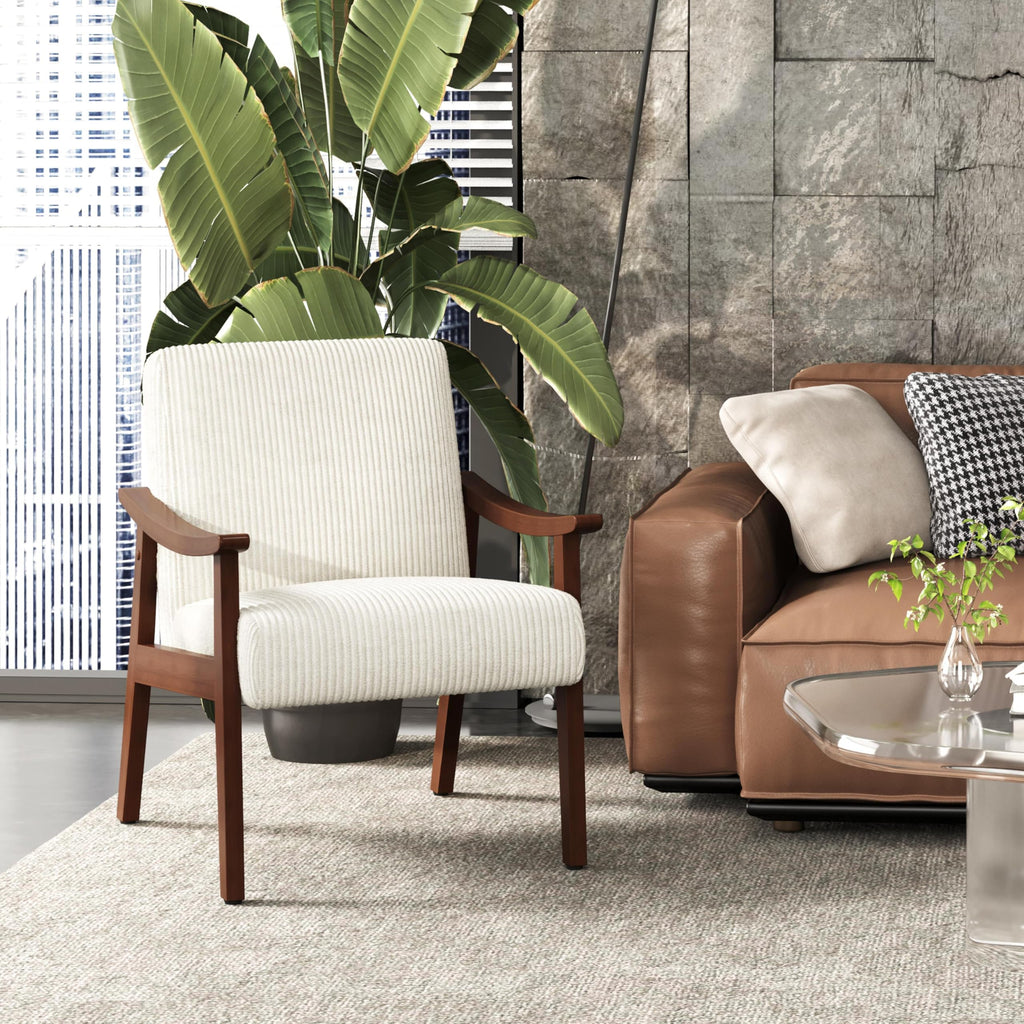 Corduroy Accent Chair, Mid-Century Modern Armchair with Solid Wood Legs, Reading Leisure Chair with High Back for Living Room Bedroom Waiting Room Beige