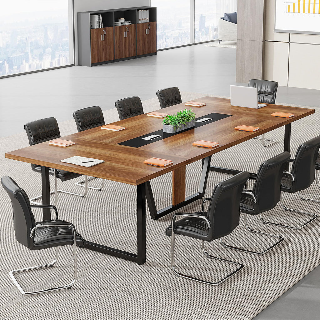 8FT Conference Table, 94.49 L x 47.24 W x 29.53 H Inches Large Meeting Podcast Table for 10 People, Business Style Wooden Training Table with Strong Metal Frame for Office Conference