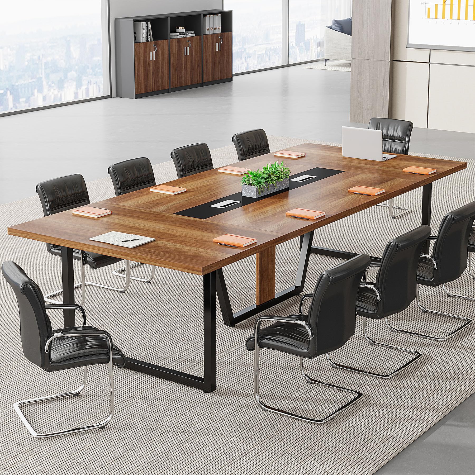 8FT Conference Table, 94.49 L x 47.24 W x 29.53 H Inches Large Meeting Podcast Table for 10 People, Business Style Wooden Training Table with Strong Metal Frame for Office Conference