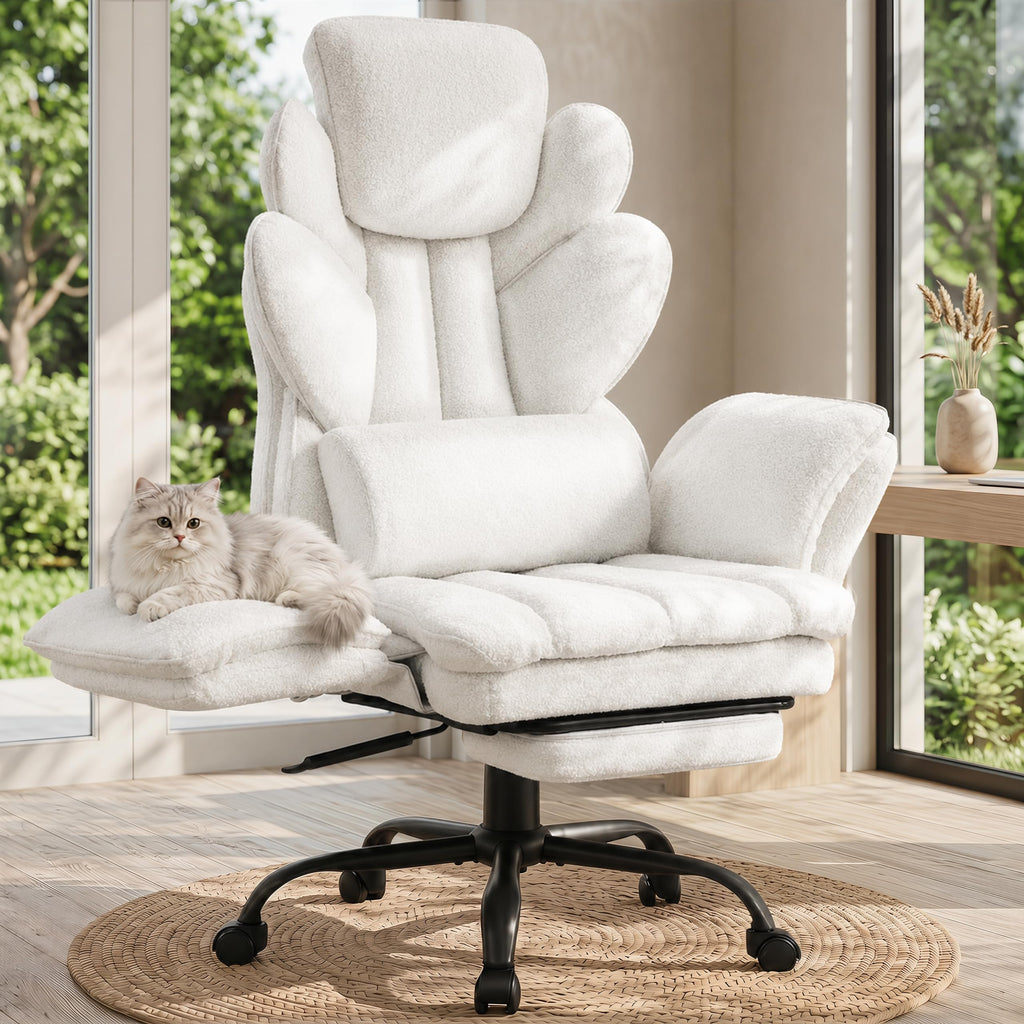 Flip Armrests Criss Cross Office Chair, Reclining Office Chair with Foot Rest, Adjustable Headrest, Massage Waist Pillow, Cross Legged Big and Tall Desk Chair Wide Seat Vanity Chair, Fabric White