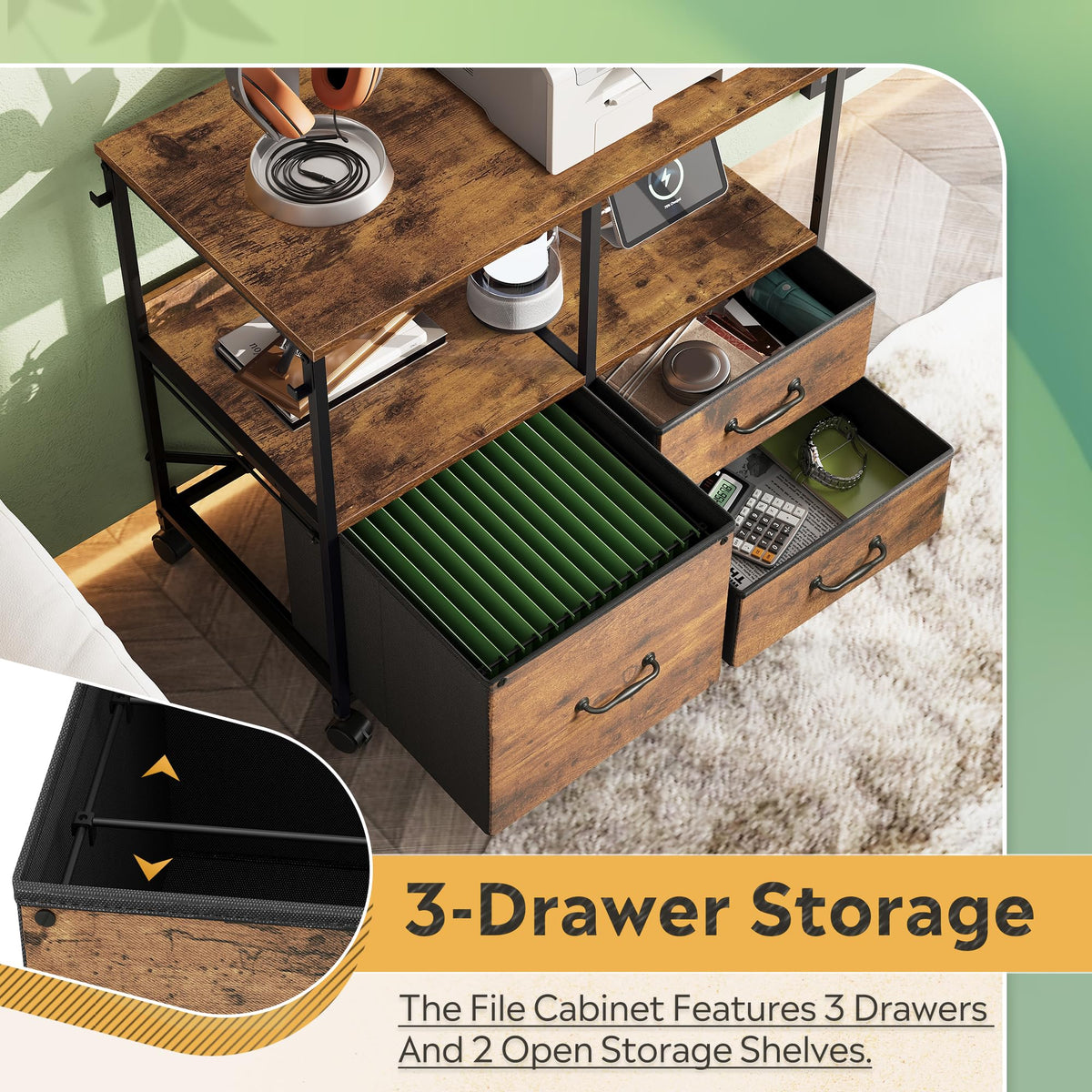3 Drawer Mobile File Cabinet with Storage Shelf, Charging Station