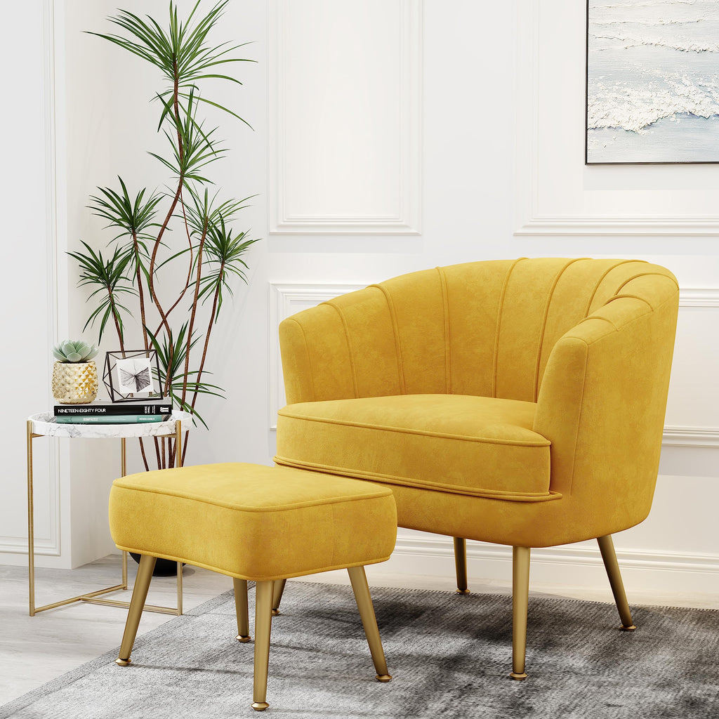Velvet Accent Chair with Ottoman, Upholstered Modern Single Sofa Side Chair,Comfy Barrel Club Living Room Armchair with Golden Metal Legs for Office Bedroom Living Reading Room, Yellow