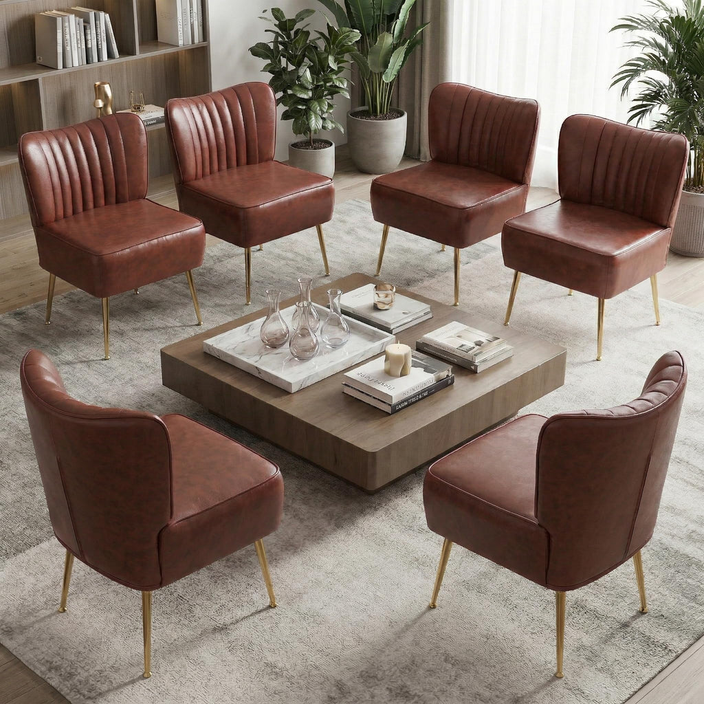 Modern Leather Accent Chairs Set of 6, Vintage Slipper Chair with Heavy Duty Iron Frame & Gold Legs, Mid Century Side Sofa Chair for Living Room Office(Brwon)
