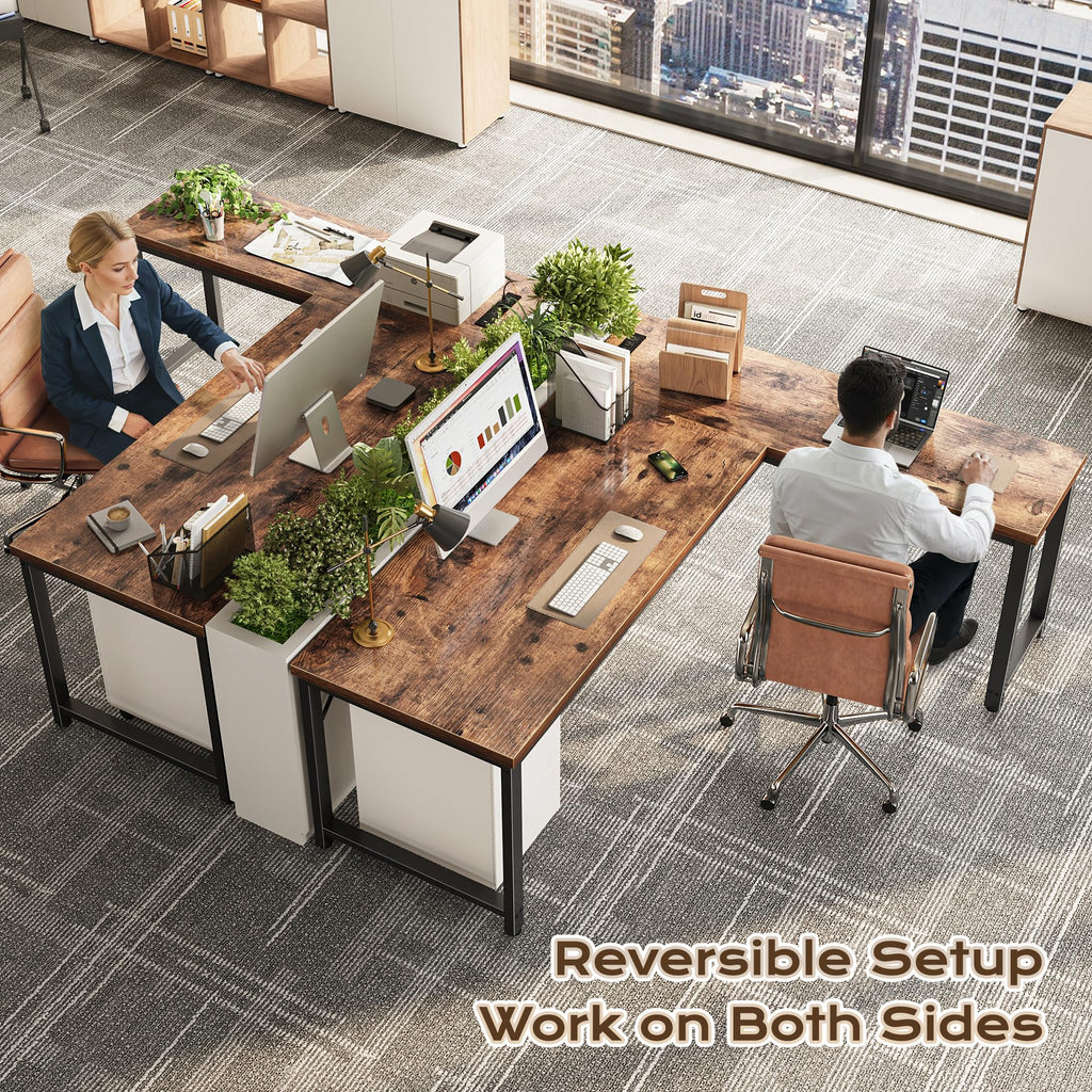 63 Inch L Shaped Desk with Power Outlets and USB-C Port, 0.95 Inch Thicker Desktop, Reversible Computer Desk, Larger Office Corner Gaming Desk, Metal Frame, for Home Office, Study, Rustic Brown