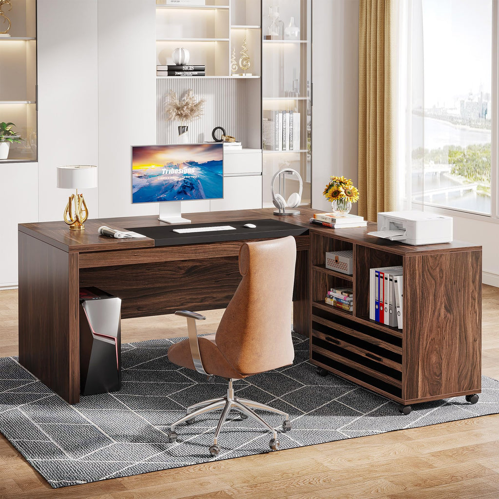 62.2" Executive Desk with Mobile File Cabinet, L-Shaped Office Desk with Storage Shelves, Large Computer Table Business Workstation Set for Home Office, Dark Brown