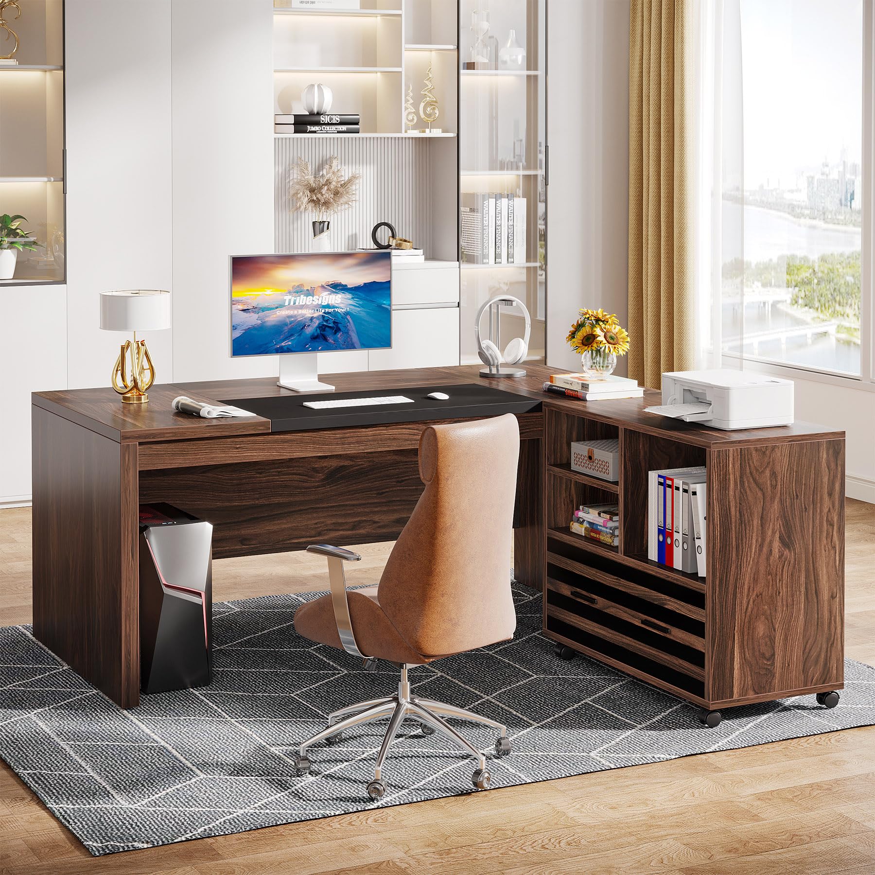 62.2" Executive Desk with Mobile File Cabinet, L-Shaped Office Desk with Storage Shelves, Large Computer Table Business Workstation Set for Home Office, Dark Brown