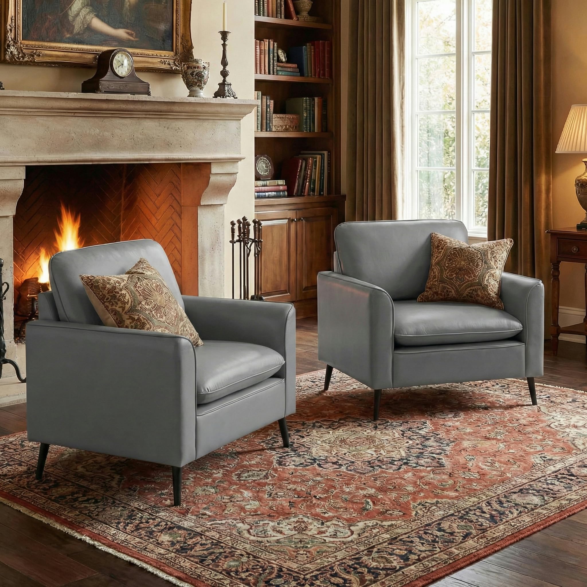 Accent Chairs Set of 2, Faux Leather Chairs, Mid Century Modern Comfy Living Room Chairs, Cozy Office Reading Chair, Reception Armchairs for Office, Bedroom, Waiting Room (Grey) (2)