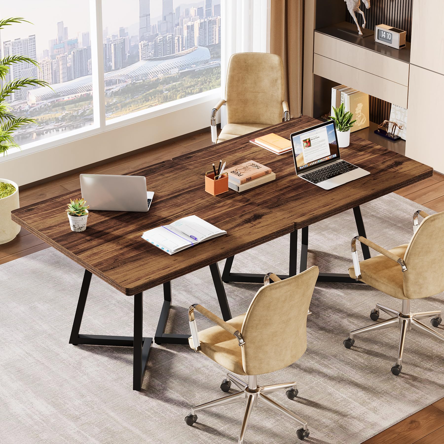 31.5" Square Conference Table, Industrial Office Meeting Table for 4 People, Business Podcast Furniture with Metal Base for Small Spaces, Office Conference, Brown & Black
