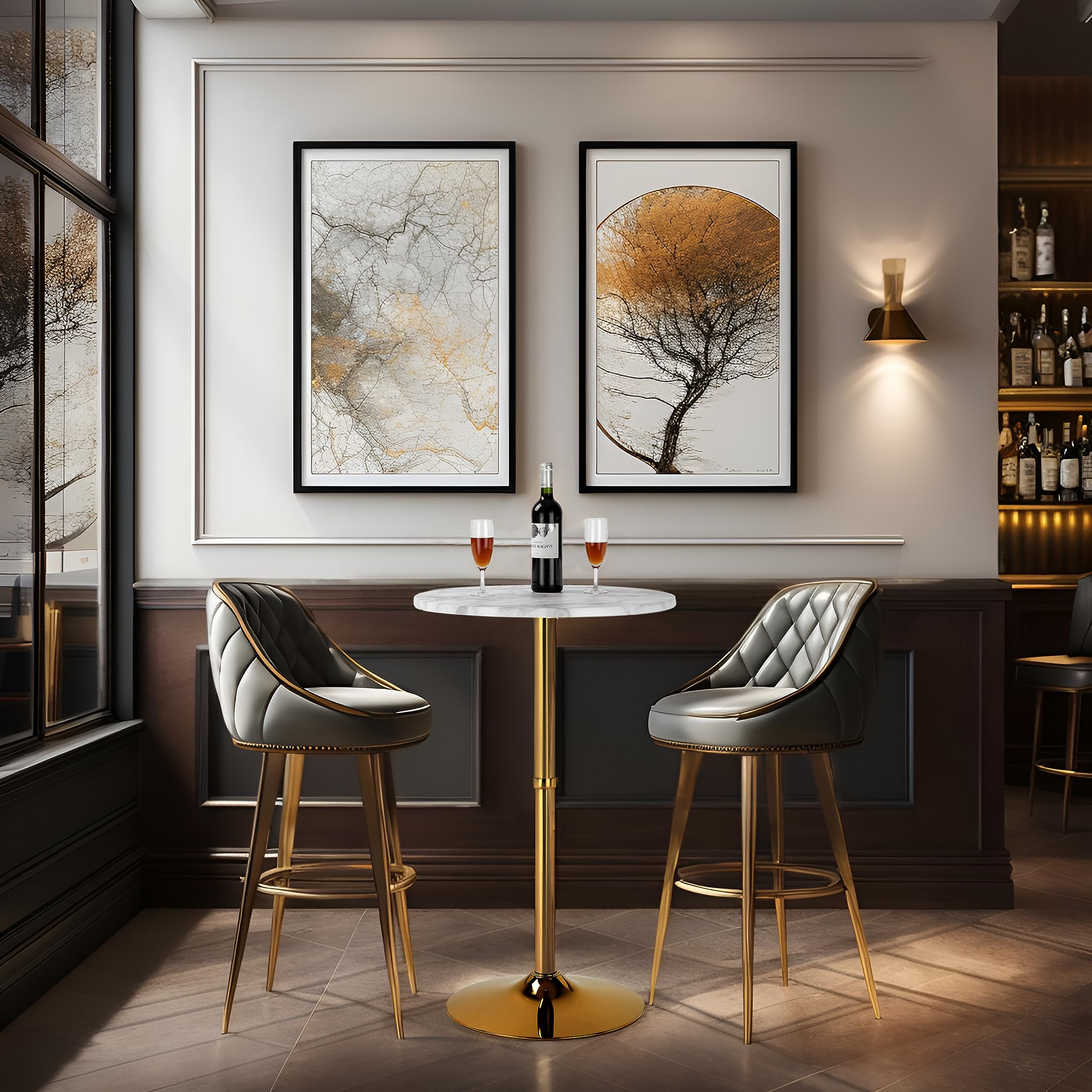 Finnhomy 24'' Round Cocktail Bar Table with Metal Base, Tall Bistro Pub Table, Counter Bar Height Table for Kitchen, Dining Room, Living Room, Easy Assembly, Gold