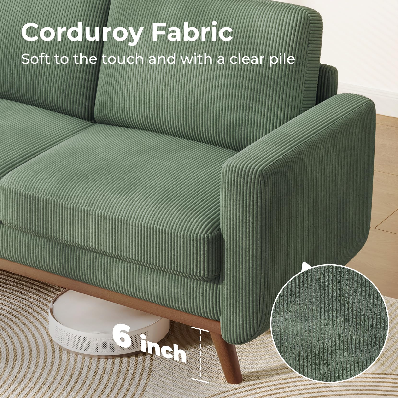 68" Comfy Green Corduroy Loveseat Sofa, 2 Seater Deep Seat Couch with Spring Cushion, Solid Wood Frame for Living Room, Bedroom, Office