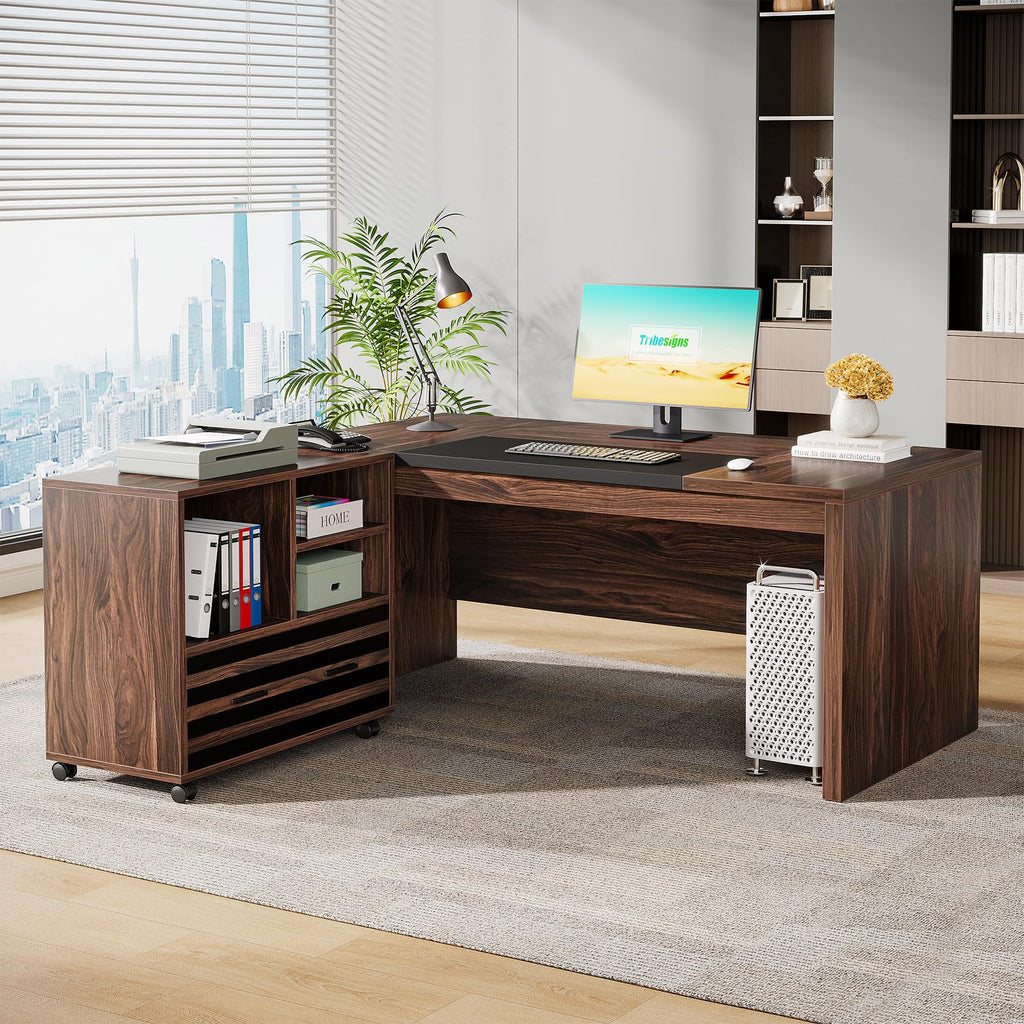 62.2" Executive Desk with Mobile File Cabinet, L-Shaped Office Desk with Storage Shelves, Large Computer Table Business Workstation Set for Home Office, Dark Brown