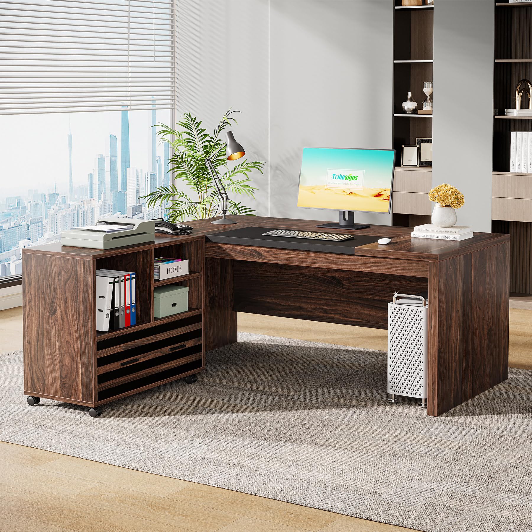 62.2" Executive Desk with Mobile File Cabinet, L-Shaped Office Desk with Storage Shelves, Large Computer Table Business Workstation Set for Home Office, Dark Brown
