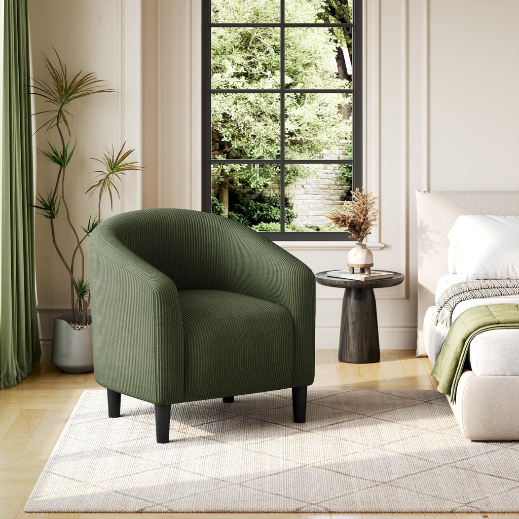 Accent Barrel Chair, Corduroy Fabric Club Chair, Furry Sherpa Elegant Armchair with Cozy Soft Padded, Suitable for Living Room Bedroom Reception Room Office, Dark Green