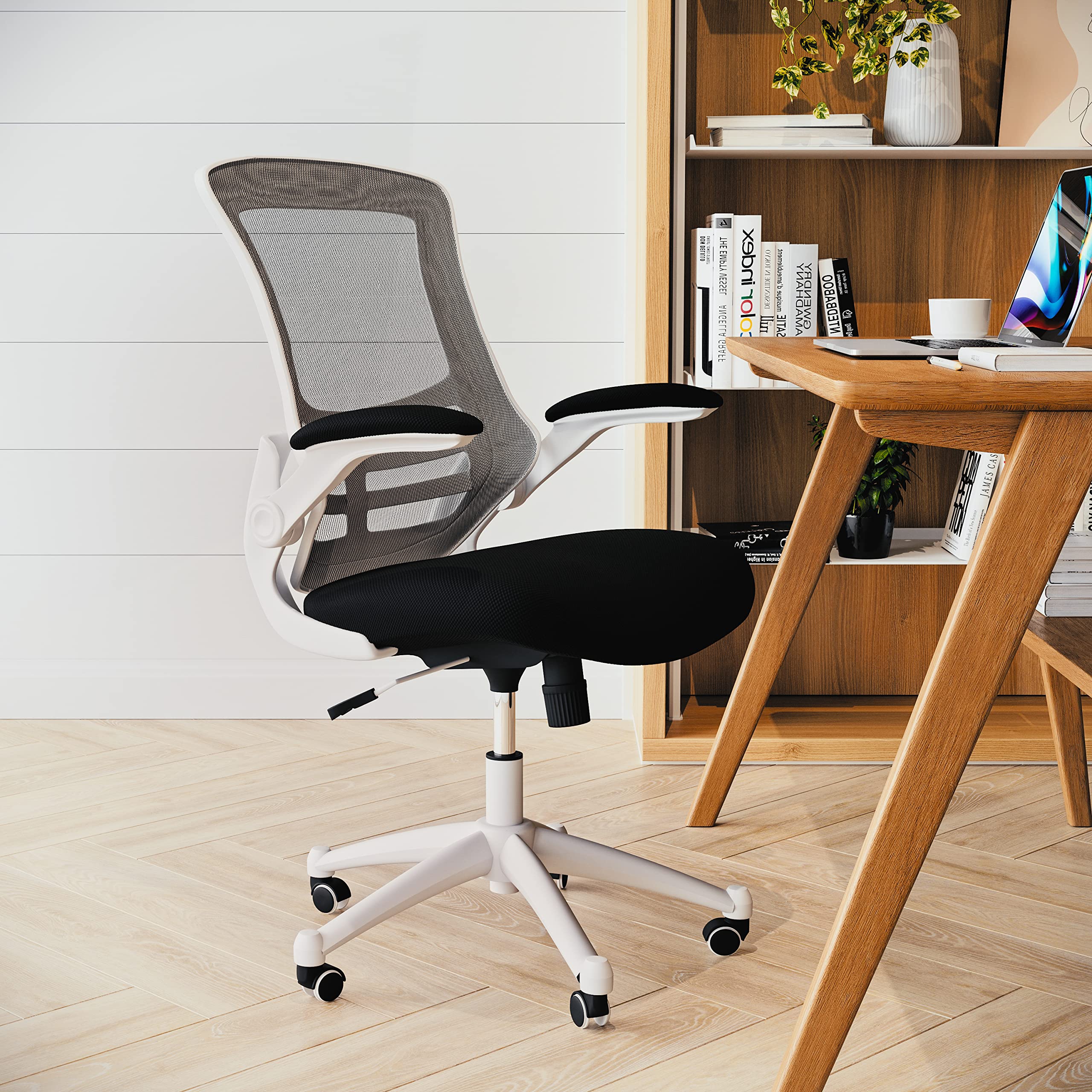 Office Chair, Ergonomic, Mid-Back, White Frame, Black Mesh with Swivel