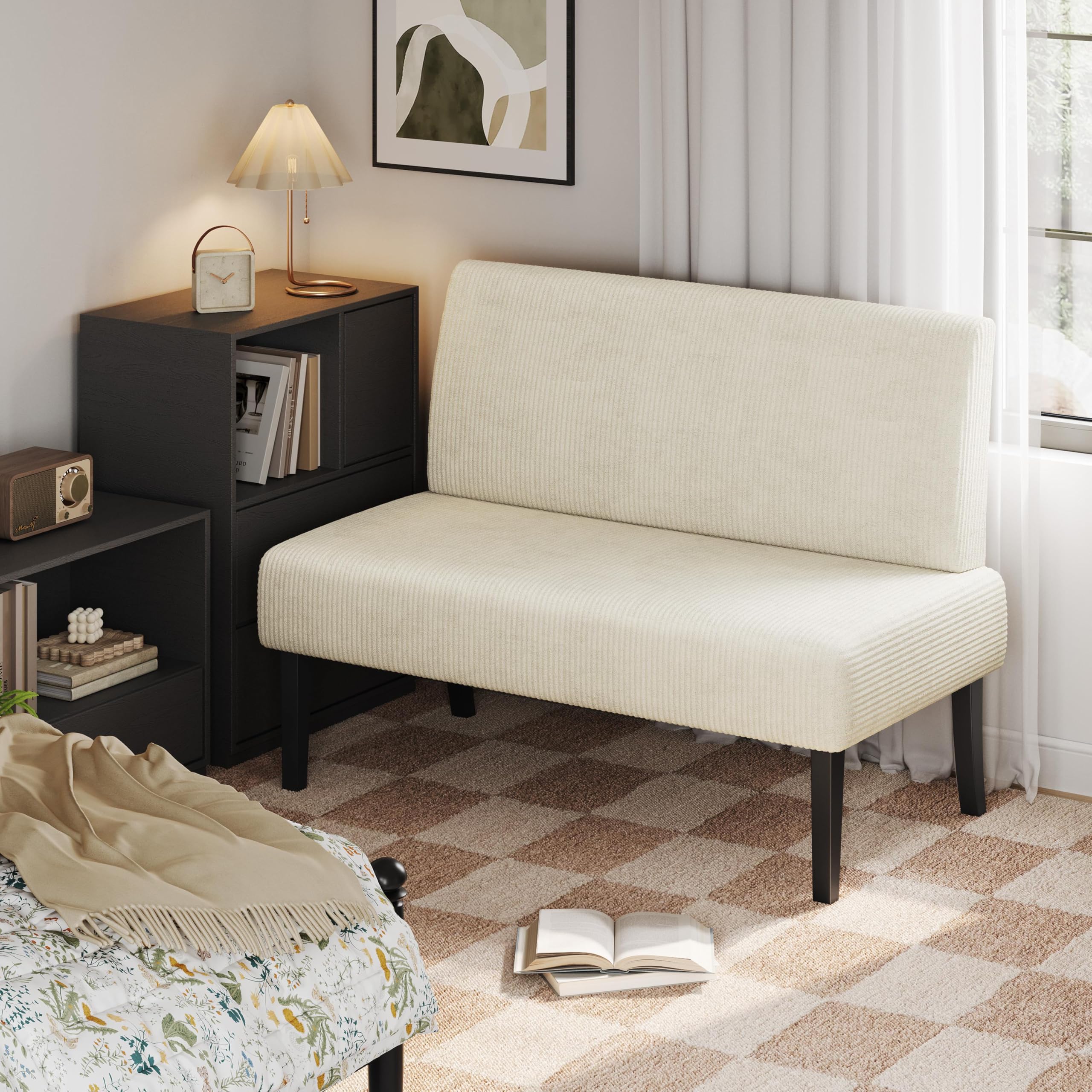 Small Mini Sofa Couch Armless Loveseat Futon for Bedroom, Corduroy Fabric & Easy Assembly, for Small Spaces Living Room,Dorm,Office,Apartment, Beige