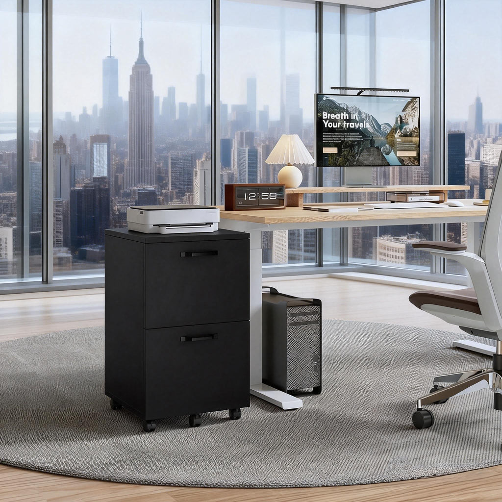 2 Drawer Filing Cabinet, Wood Rolling Filing Cabinets with Printer Stand, Under Desk Storage Lockable Wheels, Home Office Organizer for A4 Letter Legal Size Documents,Black