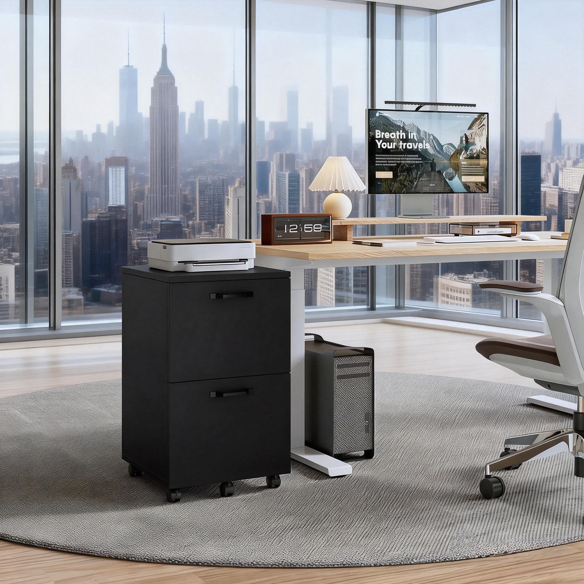 2 Drawer Filing Cabinet, Wood Rolling Filing Cabinets with Printer Stand, Under Desk Storage Lockable Wheels, Home Office Organizer for A4 Letter Legal Size Documents,Black
