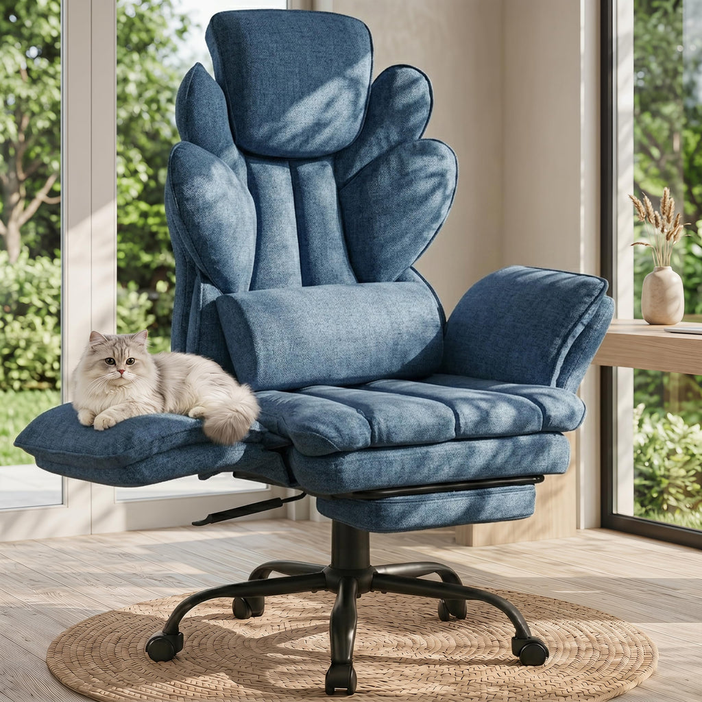Flip Armrests Criss Cross Office Chair, Reclining Office Chair with Foot Rest, Adjustable Headrest, Massage Waist Pillow, Cross Legged Big and Tall Desk Chair Wide Seat Vanity Chair, Fabric Blue