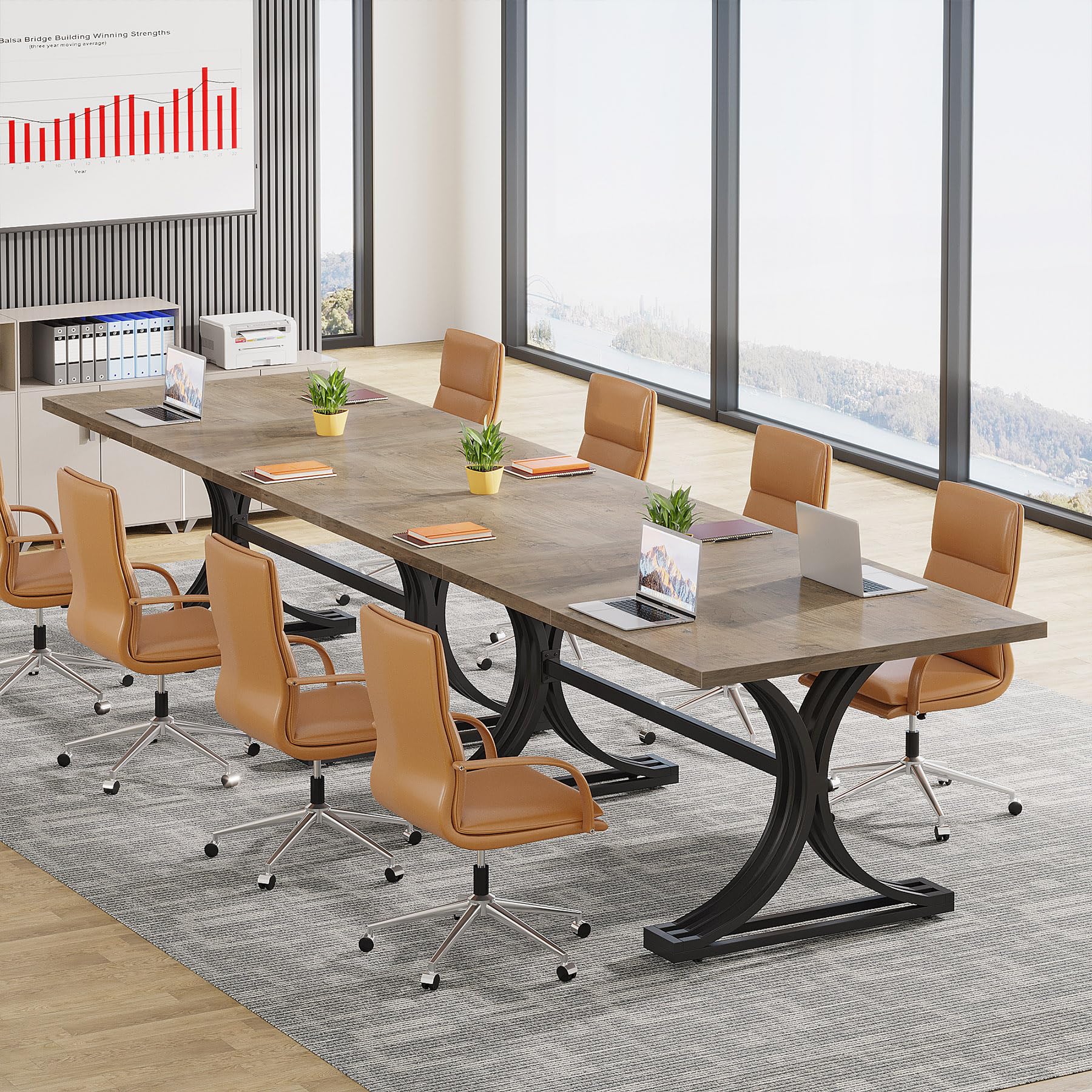 10.5FT Conference Table, Modern Meeting Table for 8-10 People, Rectangle Seminar Boardroom Table for Office Conference Room with Stylish Legs (4, Grey + Black)