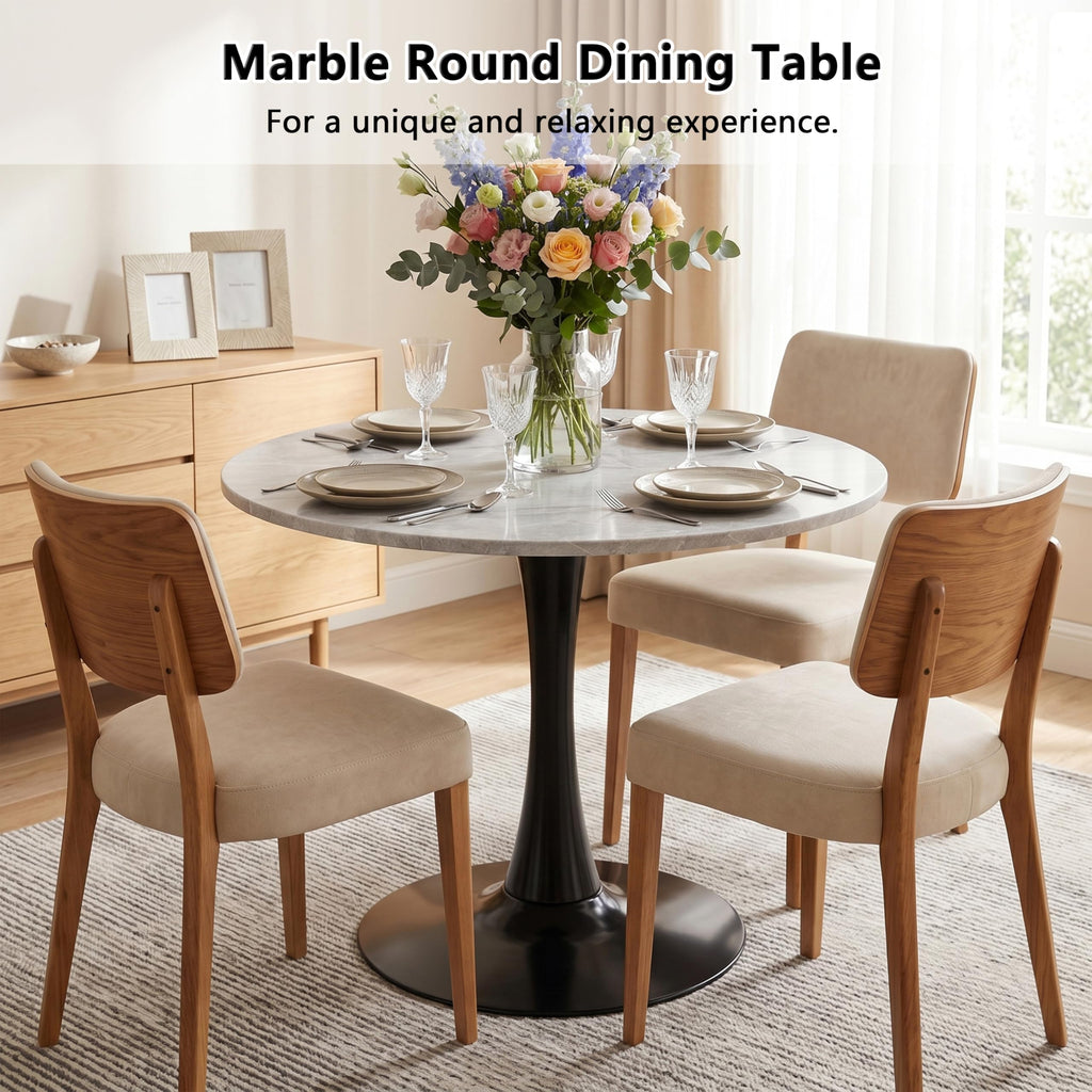 Sybrioka 27.6" Marble Round Tulip Table, Mid-Century Modern Style Dining Table with Black Pedestal Base for 2-4 People, Featuring A Marble Tabletop for Kitchen, Dining Room, Cafe (Light Grey)
