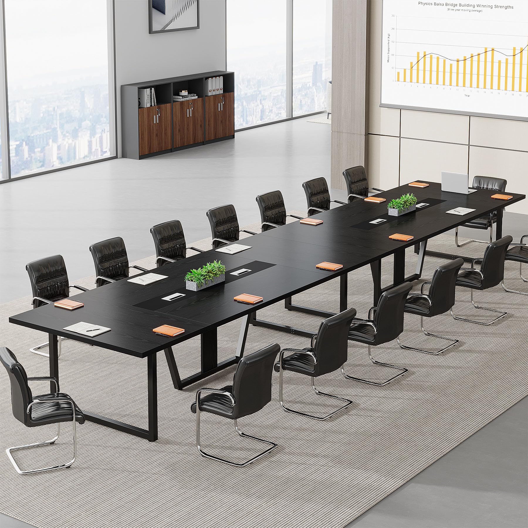 8FT Conference Table Set of 2, Large Meeting Podcast Table for 10 People, Business Style Wooden Training Table with Strong Metal Frame for Office Conference