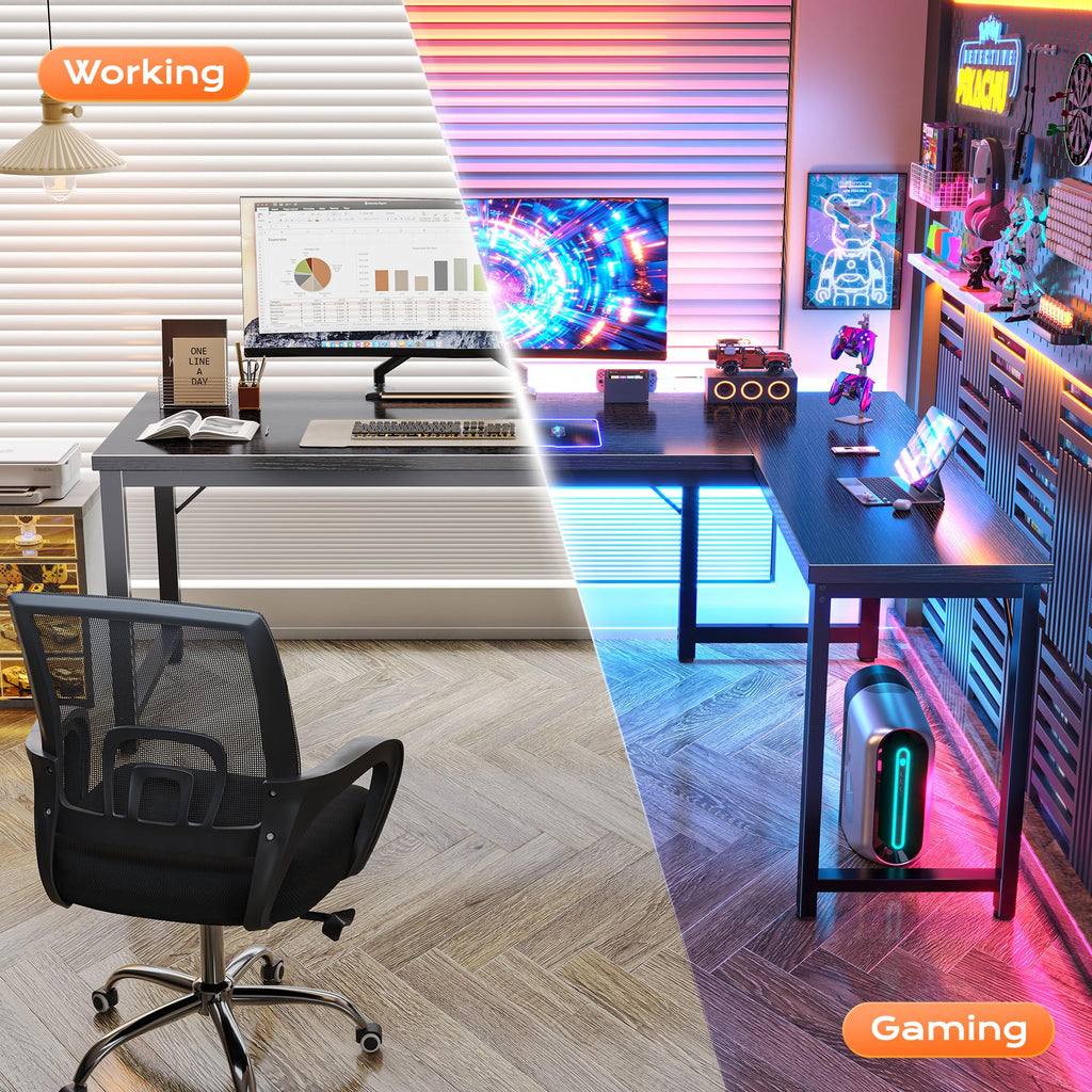 63 Inch L Shaped Desk with 0.95 Inch Thicker Desktop, Reversible Computer, Larger Corner Office Gaming Desk, Robust Metal Frame, for Home Office, Study, Black