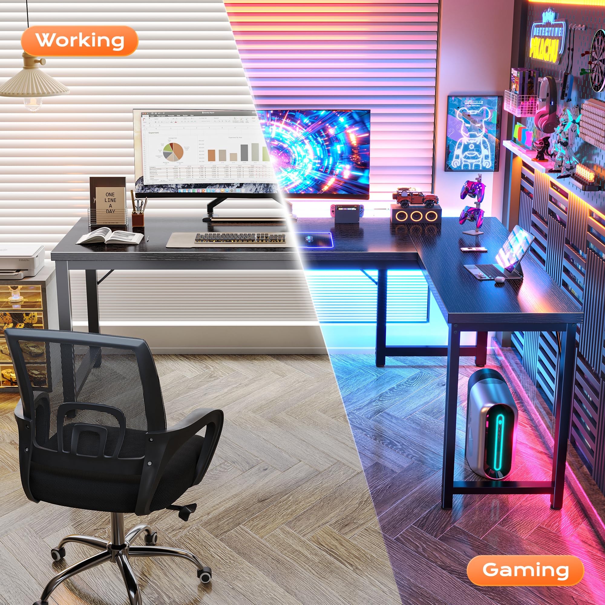 63 Inch L Shaped Desk with 0.95 Inch Thicker Desktop, Reversible Computer, Larger Corner Office Gaming Desk, Robust Metal Frame, for Home Office, Study, Black